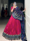 Pink silk lehenga choli with Bandhani print and Gotta Patti lace