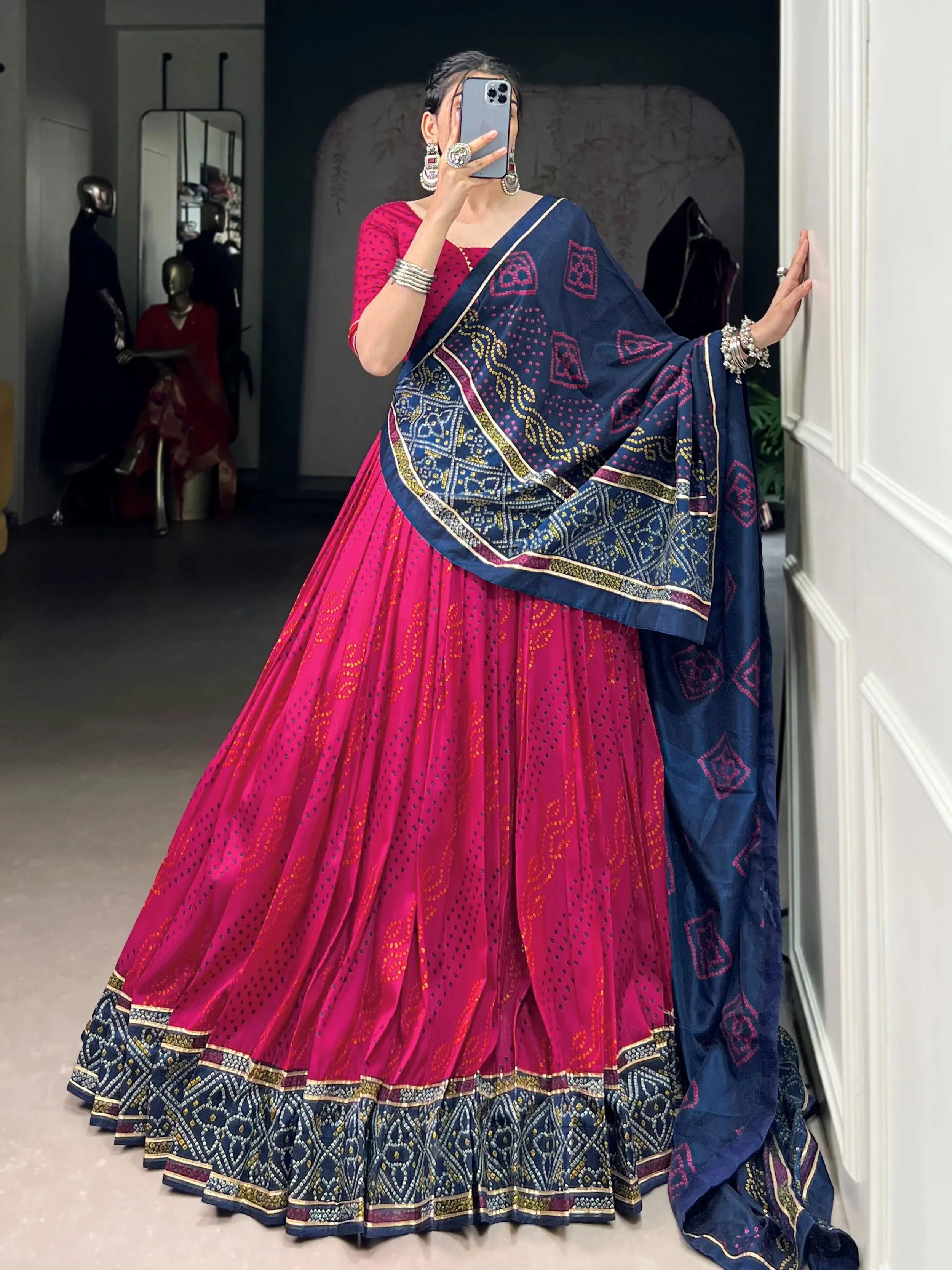 Pink silk lehenga choli with Bandhani print and Gotta Patti lace
