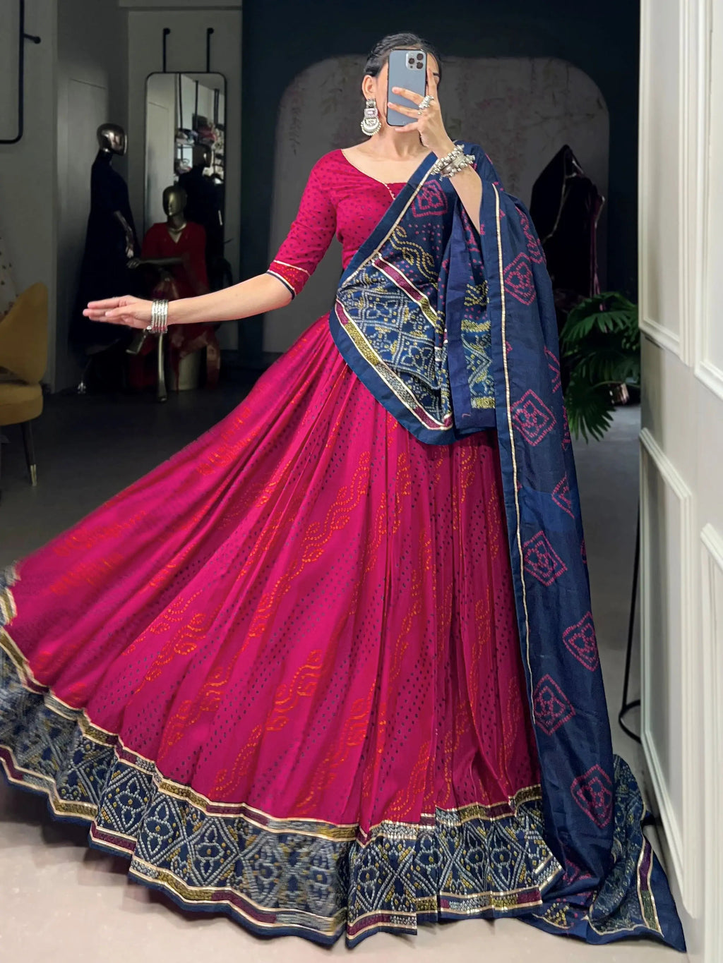Pink silk lehenga choli with Bandhani print and Gotta Patti lace