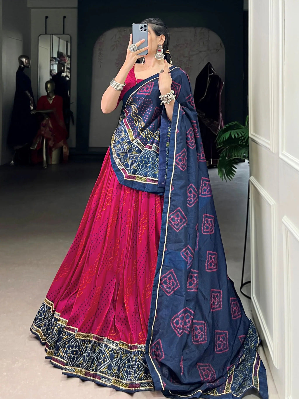 Pink silk lehenga choli with Bandhani print and Gotta Patti lace