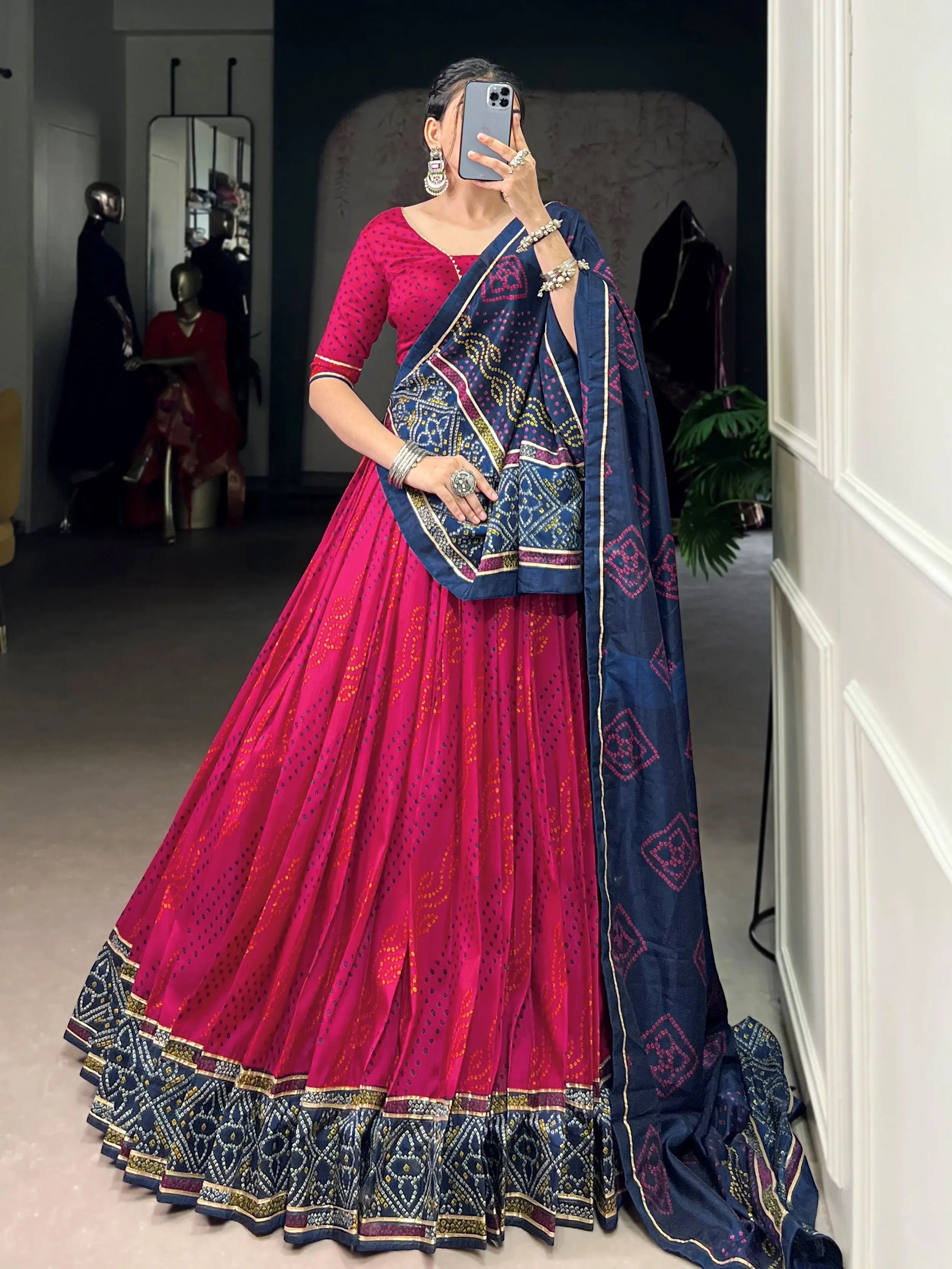 Pink silk lehenga choli with Bandhani print and Gotta Patti lace