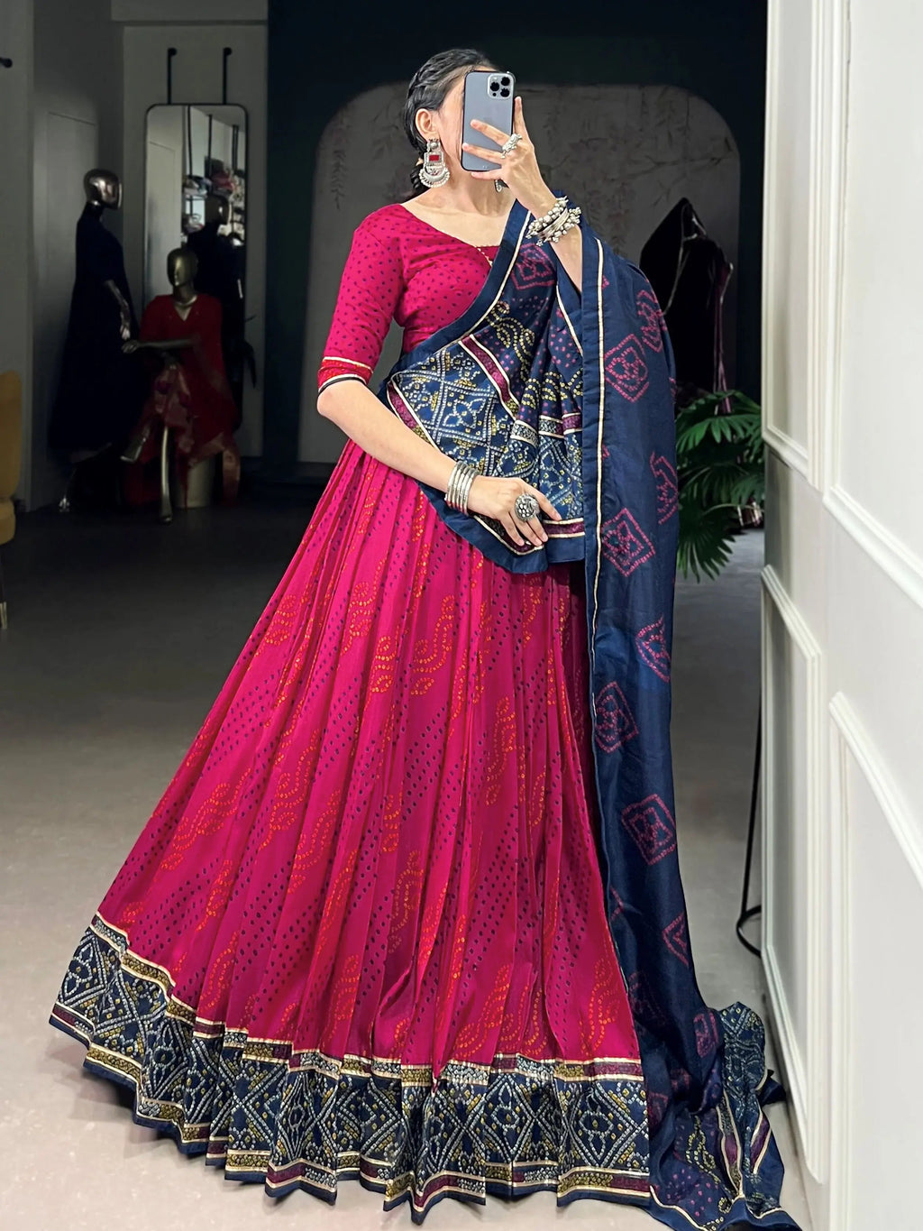Pink silk lehenga choli with Bandhani print and Gotta Patti lace