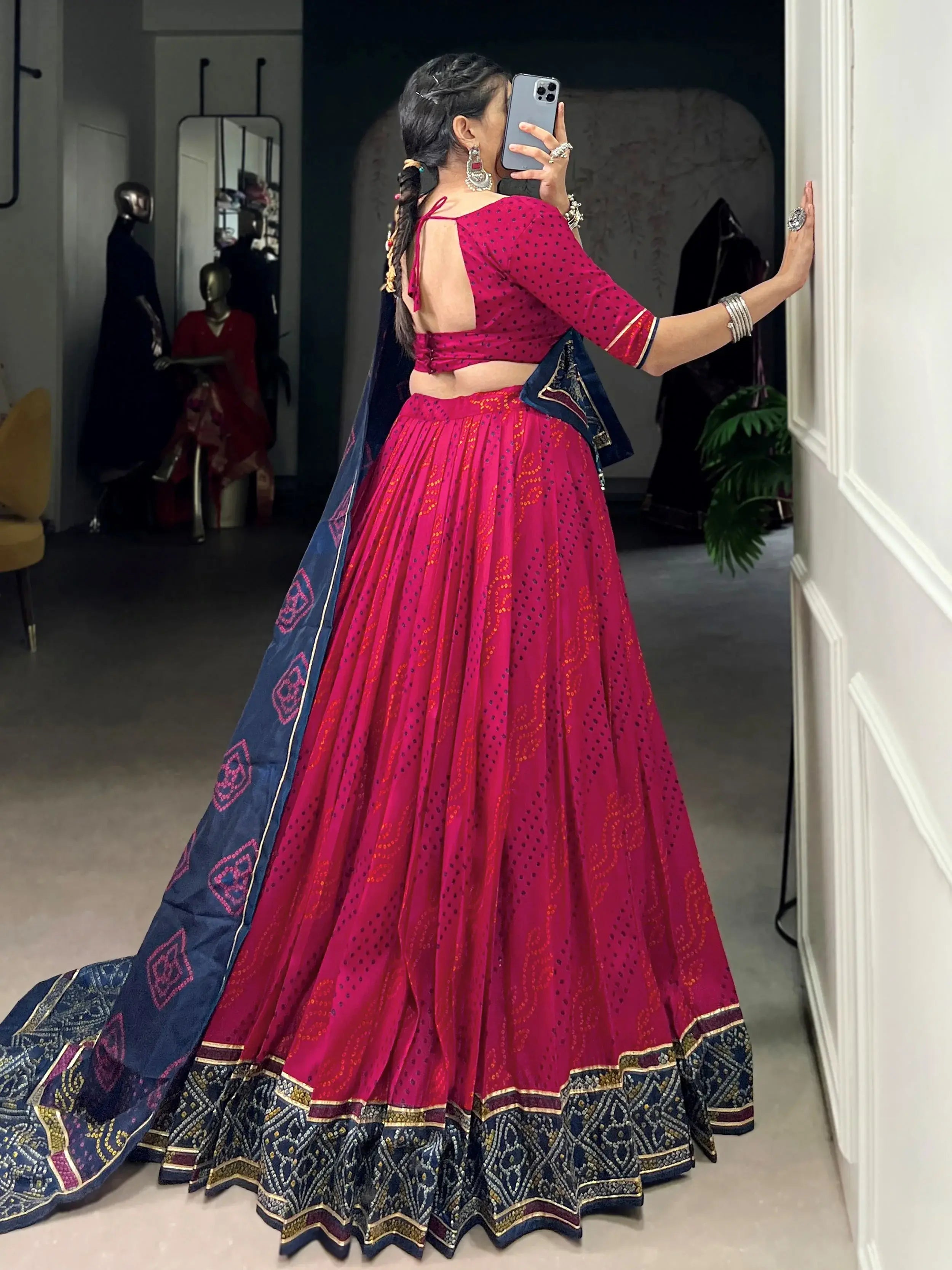 Pink silk lehenga choli with Bandhani print and Gotta Patti lace