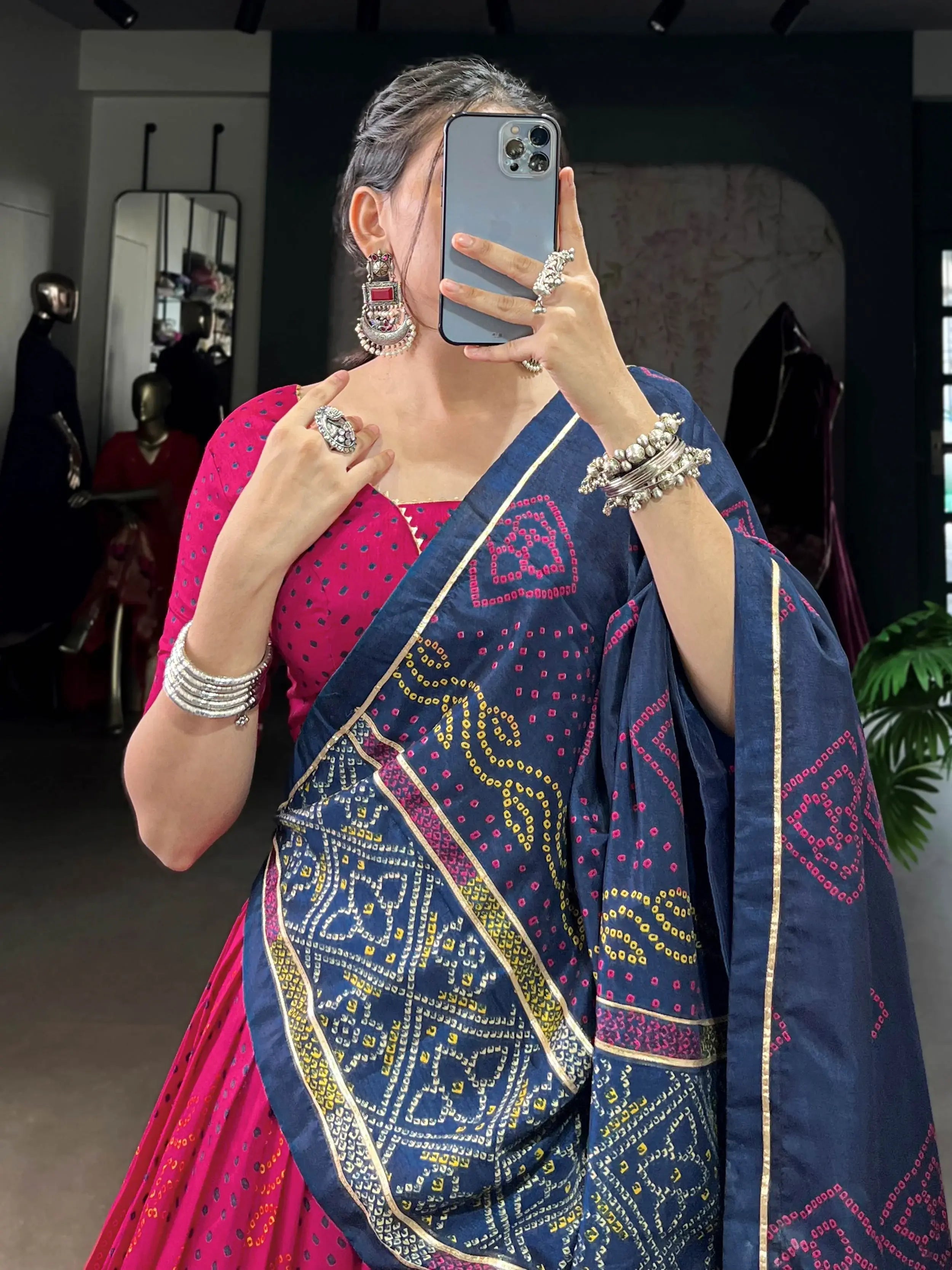 Pink silk lehenga choli with Bandhani print and Gotta Patti lace
