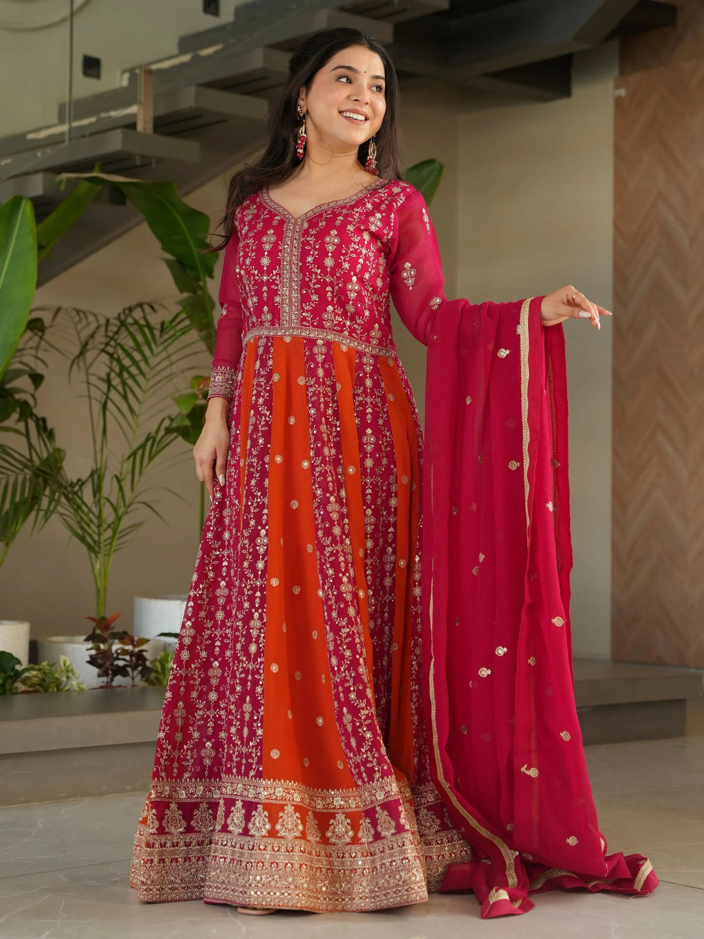 Pink georgette gown with zari and sequins embroidery and dupatta