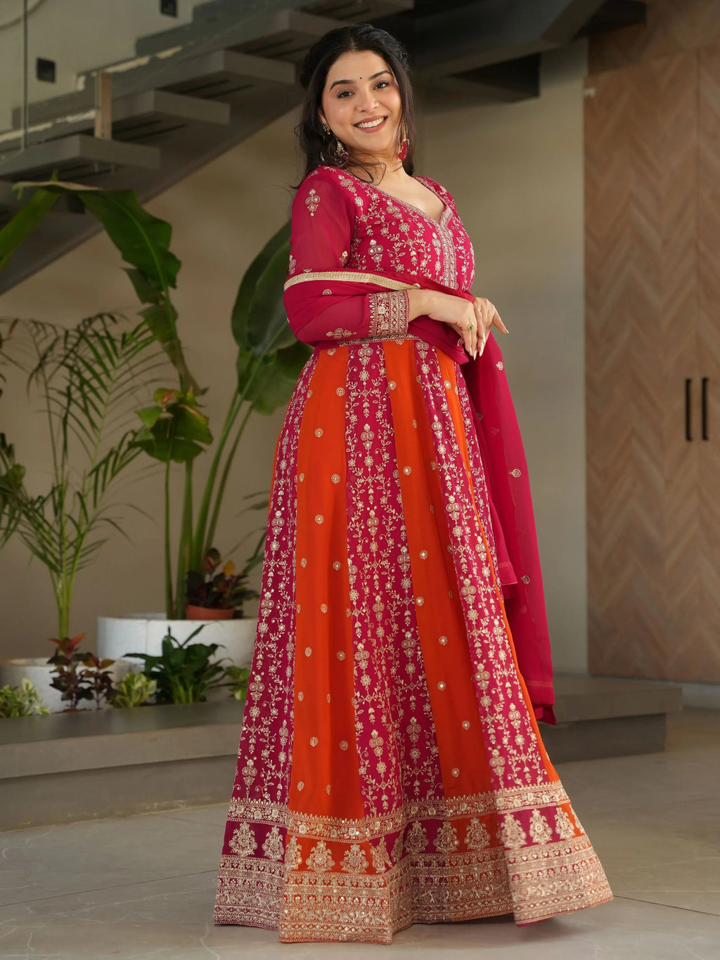 Pink georgette gown with zari and sequins embroidery and dupatta