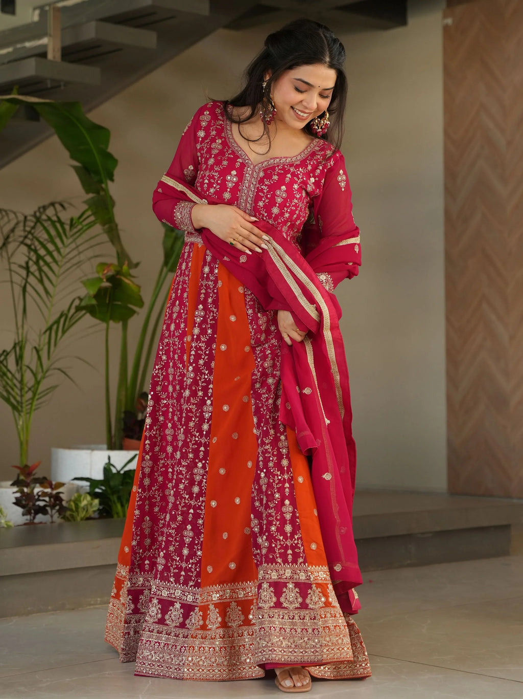 Pink georgette gown with zari and sequins embroidery and dupatta