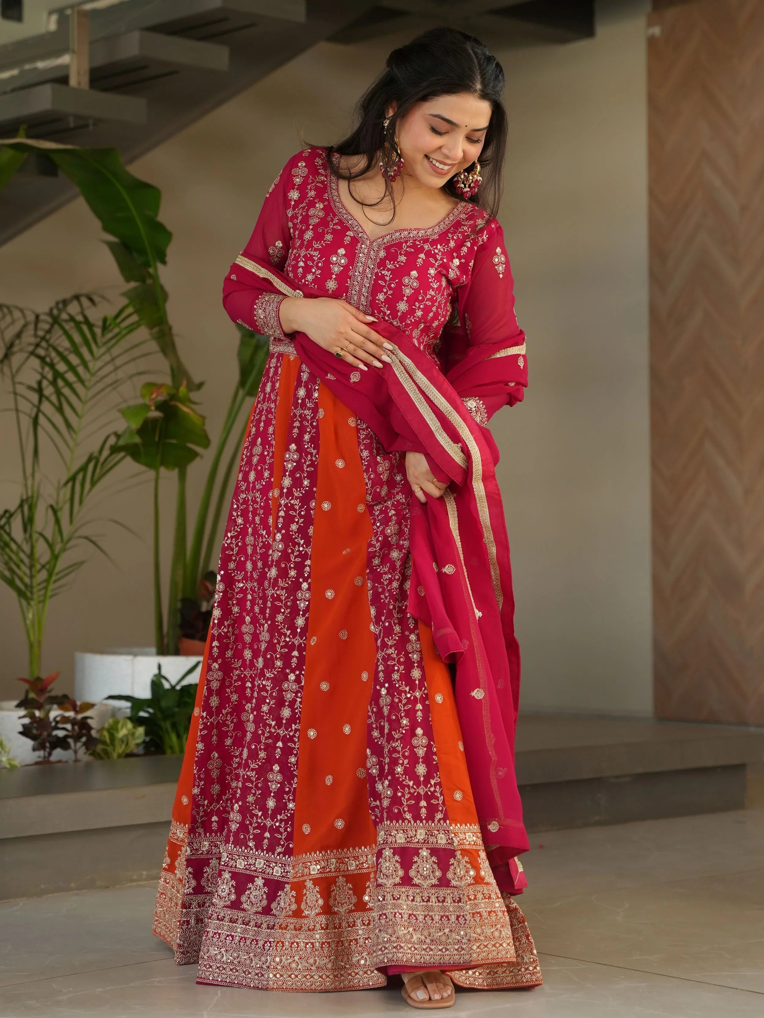 Pink georgette gown with zari and sequins embroidery and dupatta