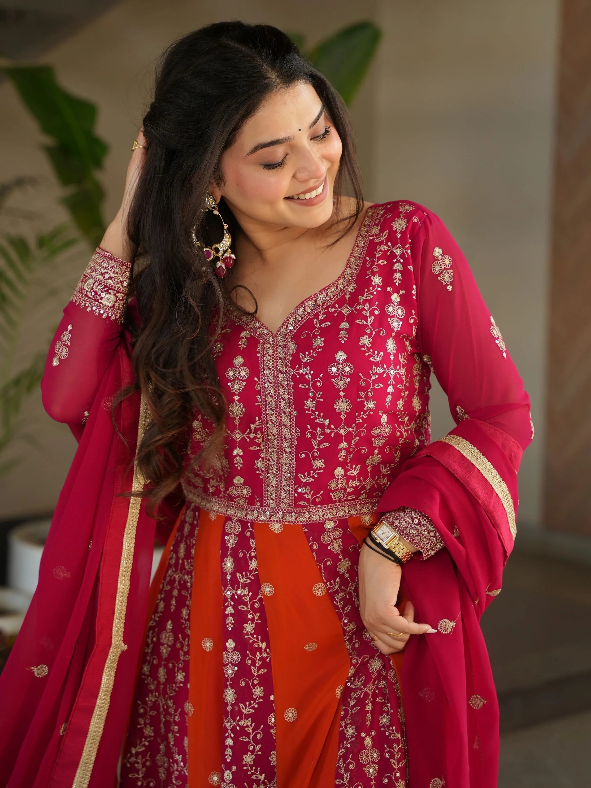 Pink georgette gown with zari and sequins embroidery and dupatta