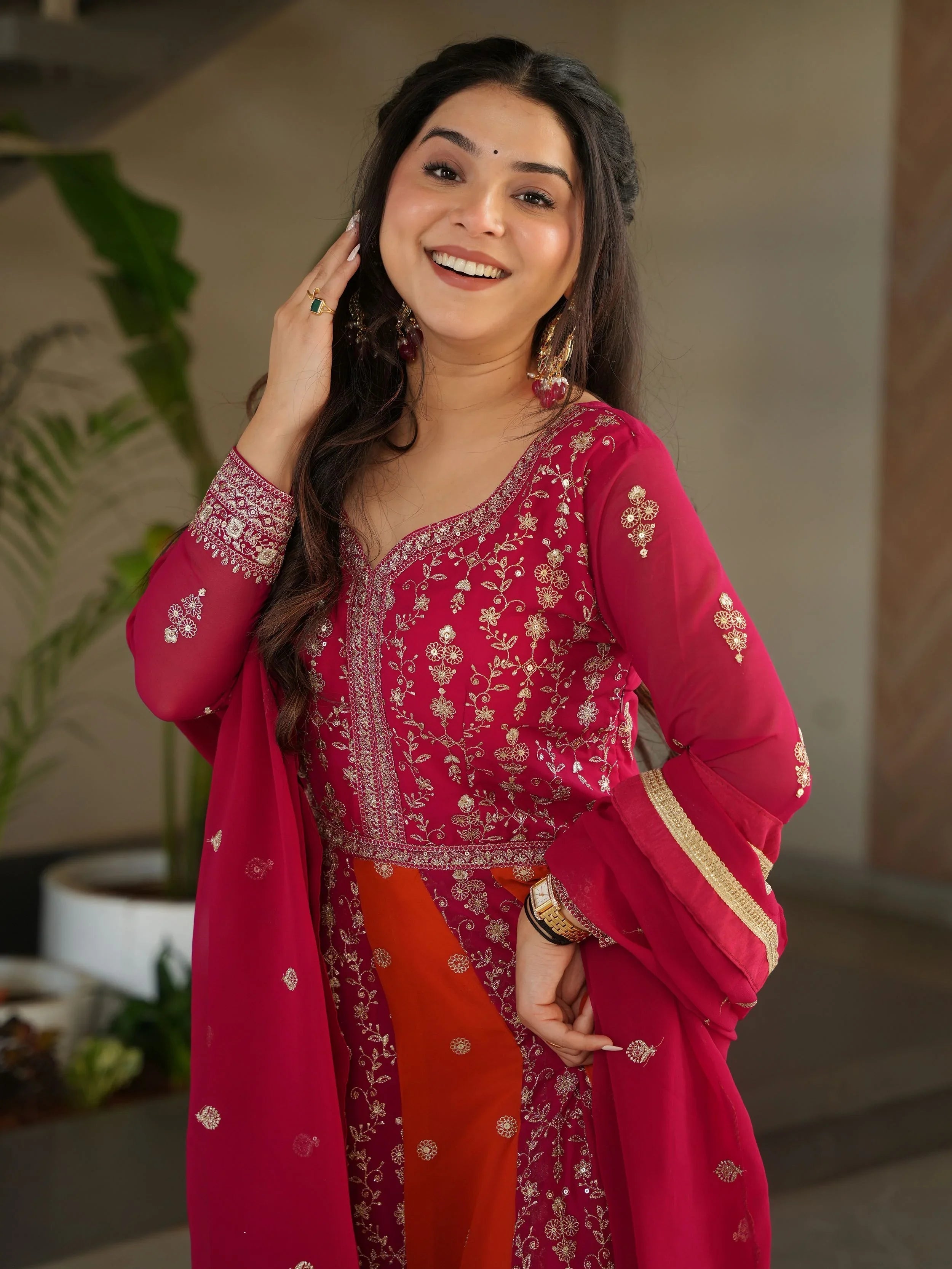 Pink georgette gown with zari and sequins embroidery and dupatta
