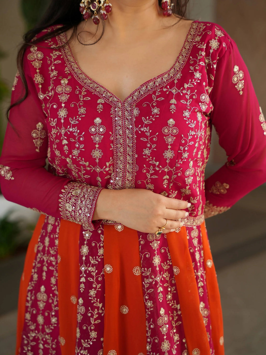 Pink georgette gown with zari and sequins embroidery and dupatta