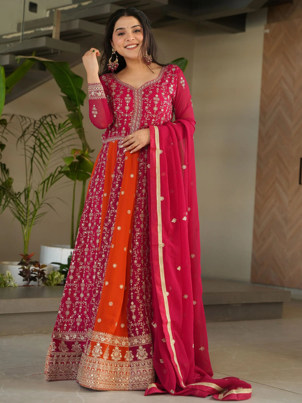 Pink georgette gown with zari and sequins embroidery and dupatta