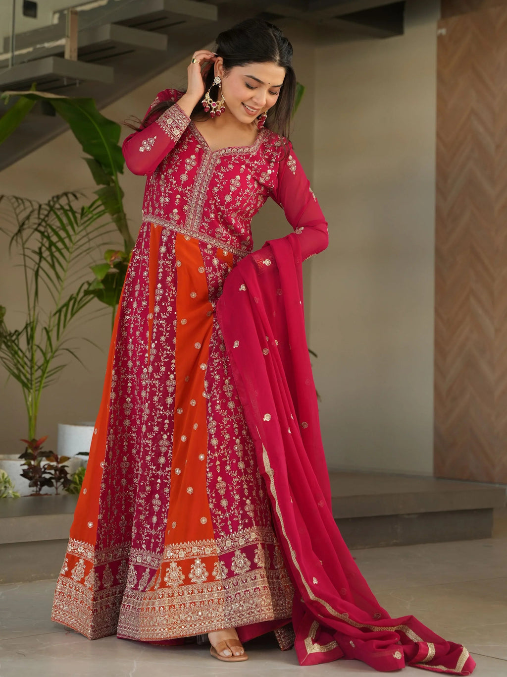 Pink georgette gown with zari and sequins embroidery and dupatta
