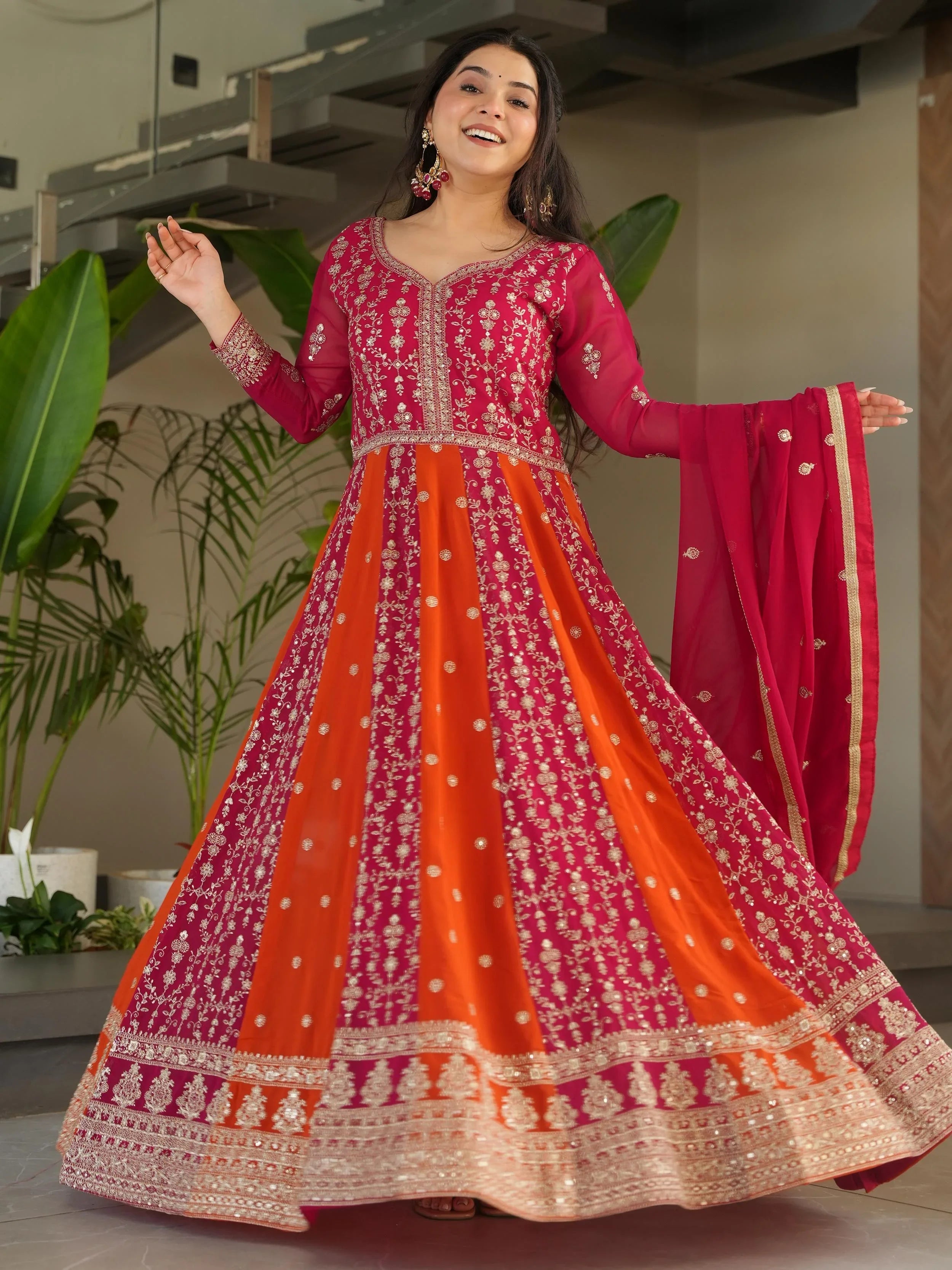 Pink georgette gown with zari and sequins embroidery and dupatta