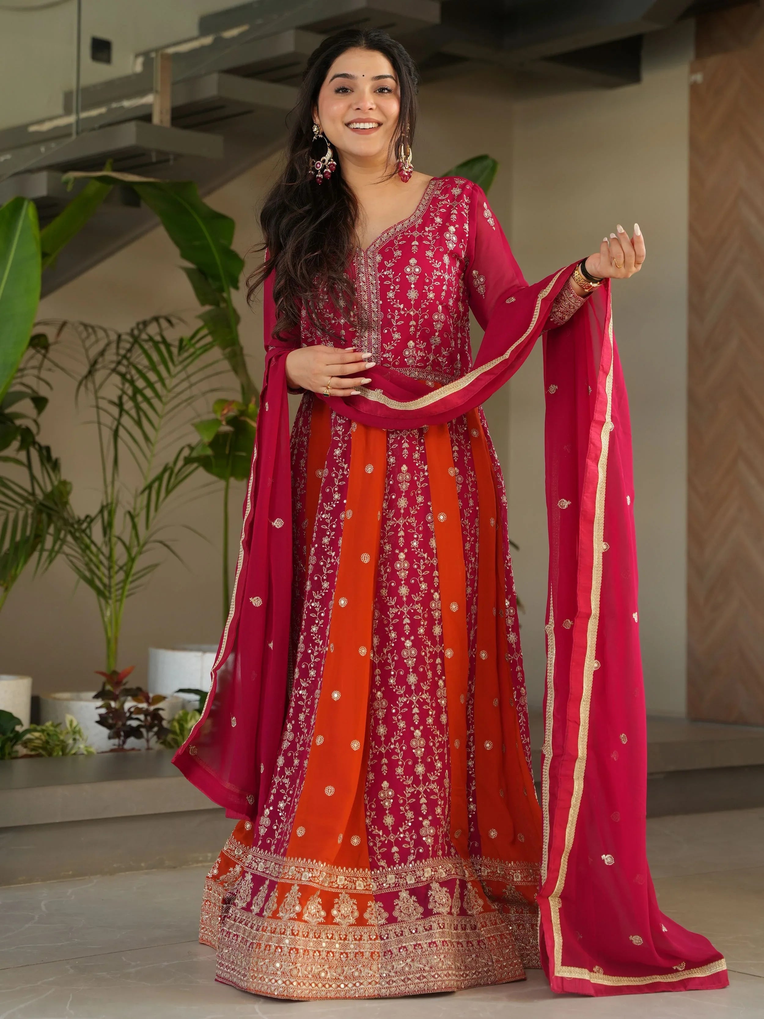 Pink georgette gown with zari and sequins embroidery and dupatta