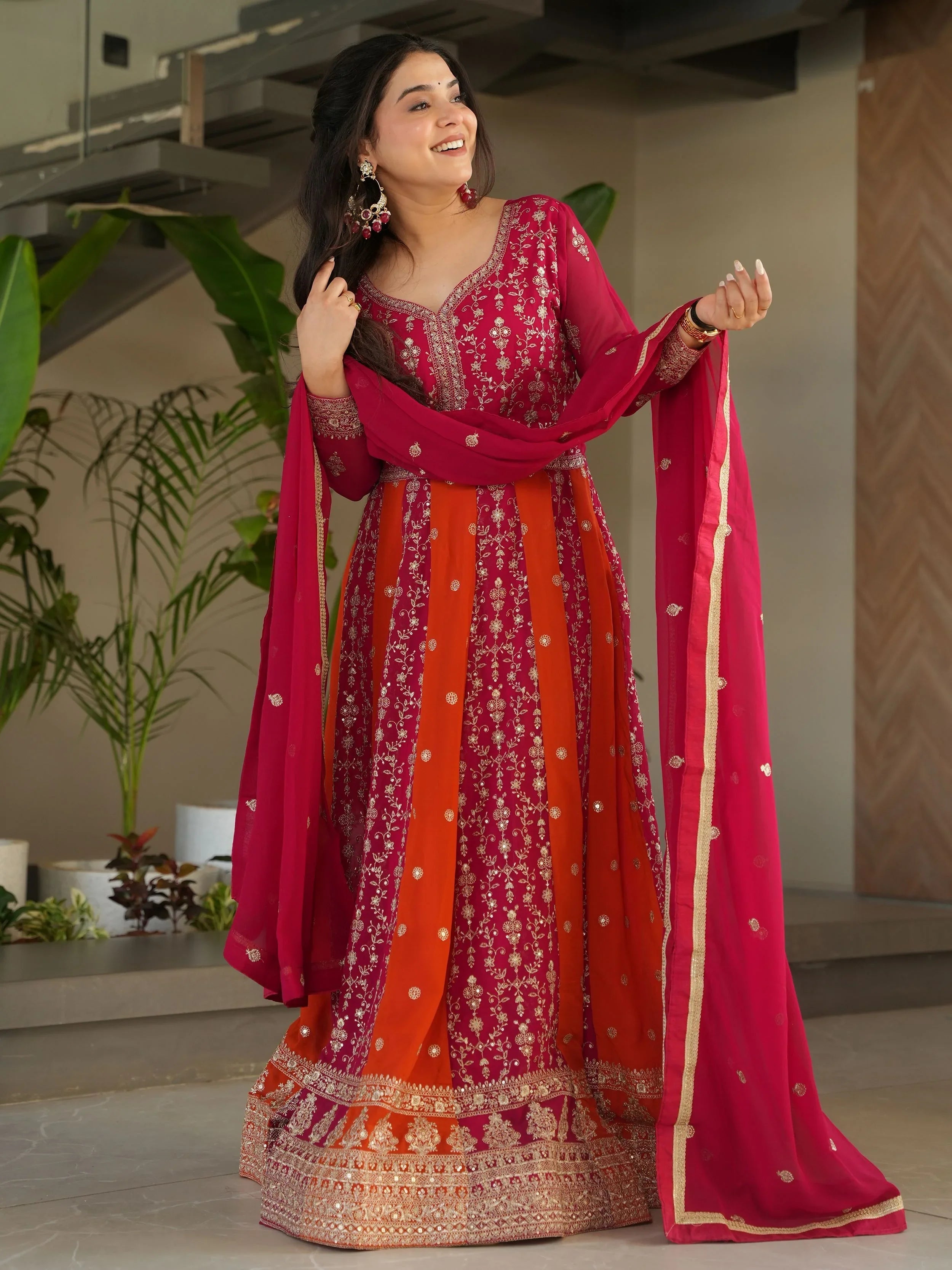 Pink georgette gown with zari and sequins embroidery and dupatta