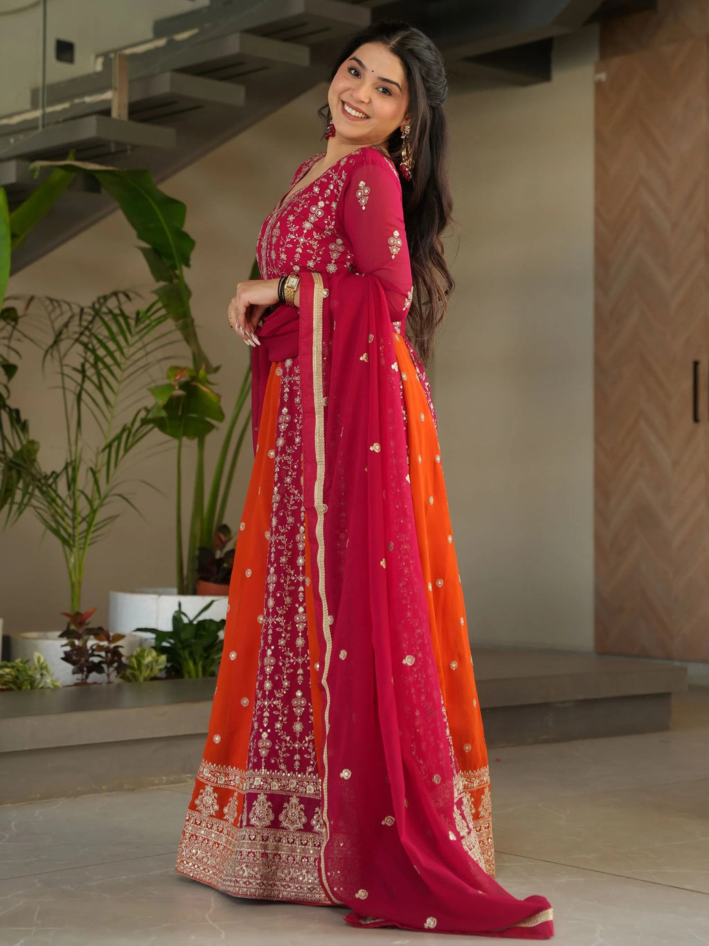 Pink georgette gown with zari and sequins embroidery and dupatta