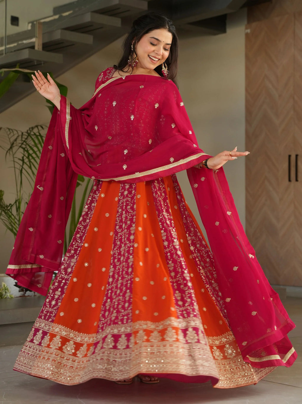 Pink georgette gown with zari and sequins embroidery and dupatta
