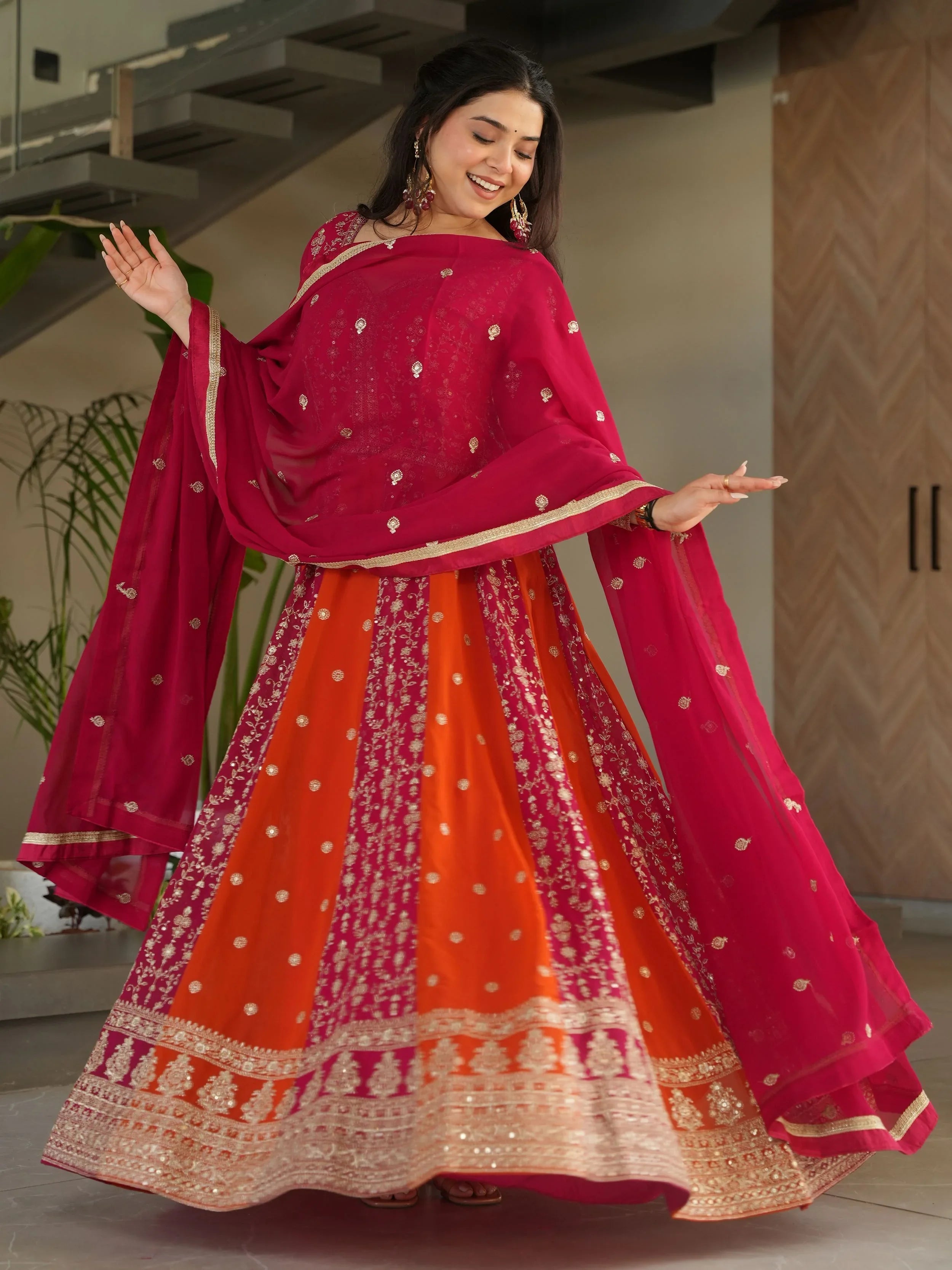 Pink georgette gown with zari and sequins embroidery and dupatta