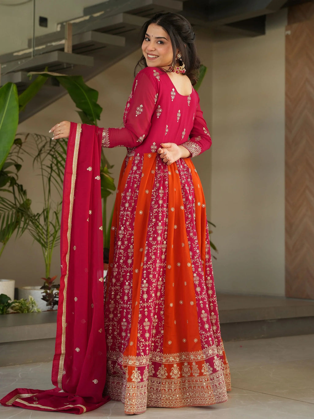 Pink georgette gown with zari and sequins embroidery and dupatta