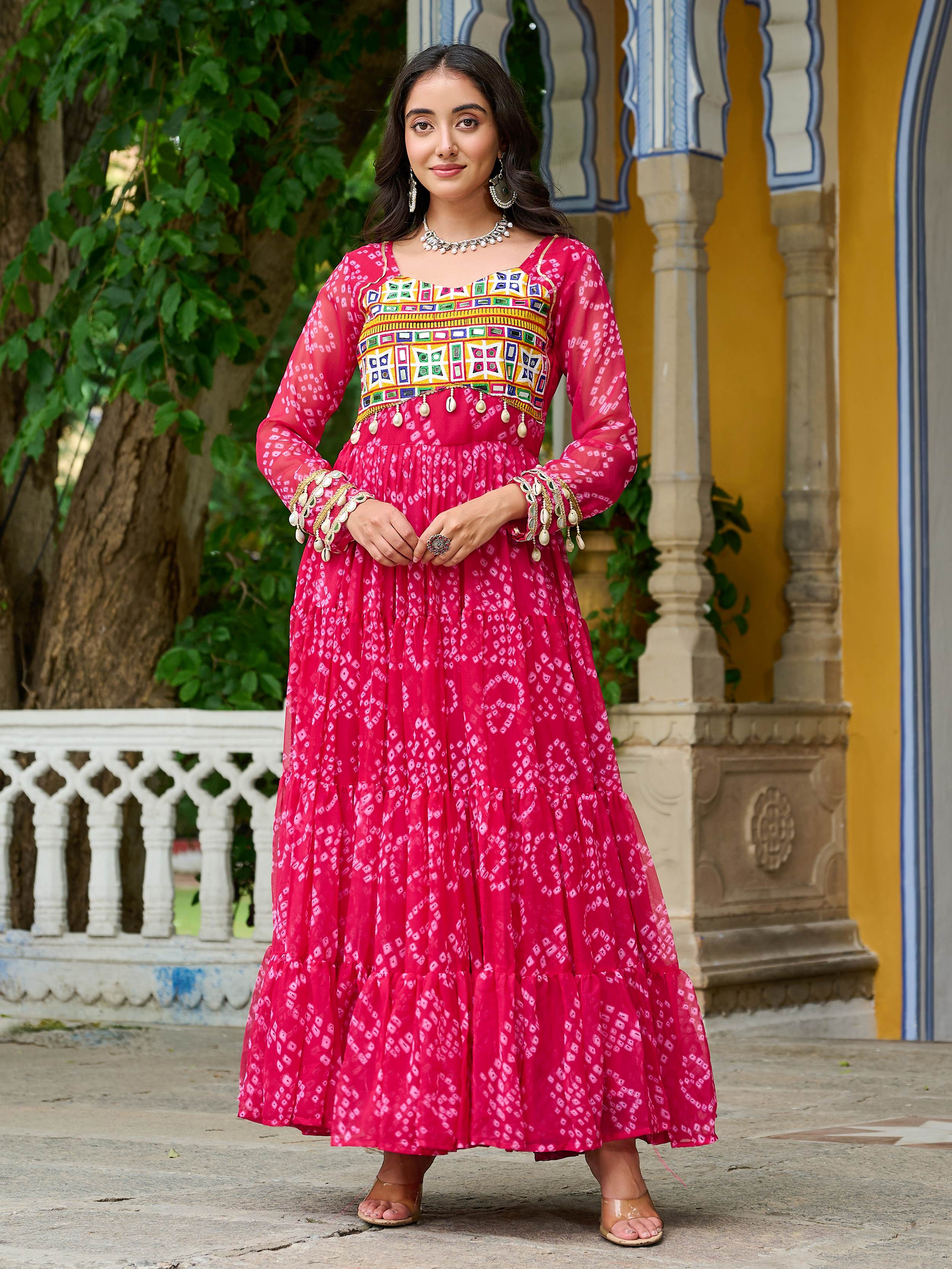 Pink faux georgette Bandhani print Kutchi patchwork Navratri gown