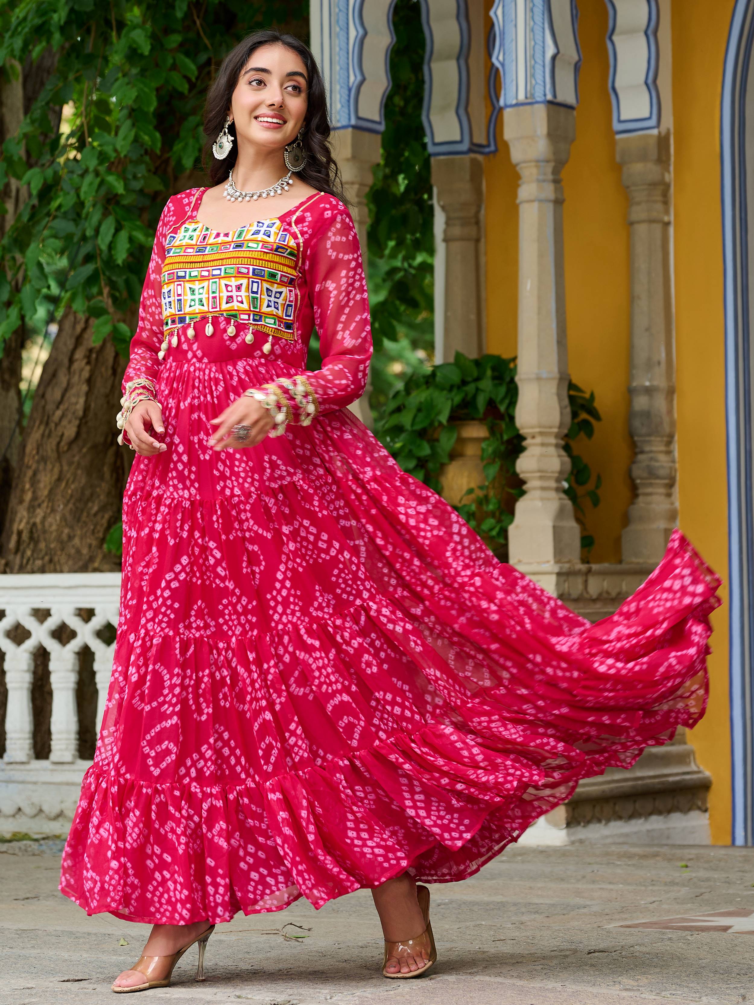 Pink faux georgette Bandhani print Kutchi patchwork Navratri gown