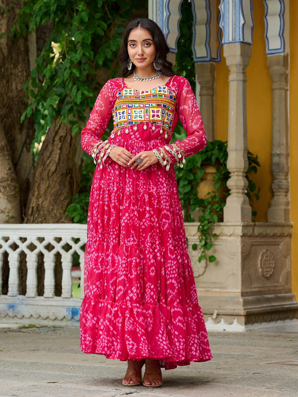 Pink faux georgette Bandhani print Kutchi patchwork Navratri gown