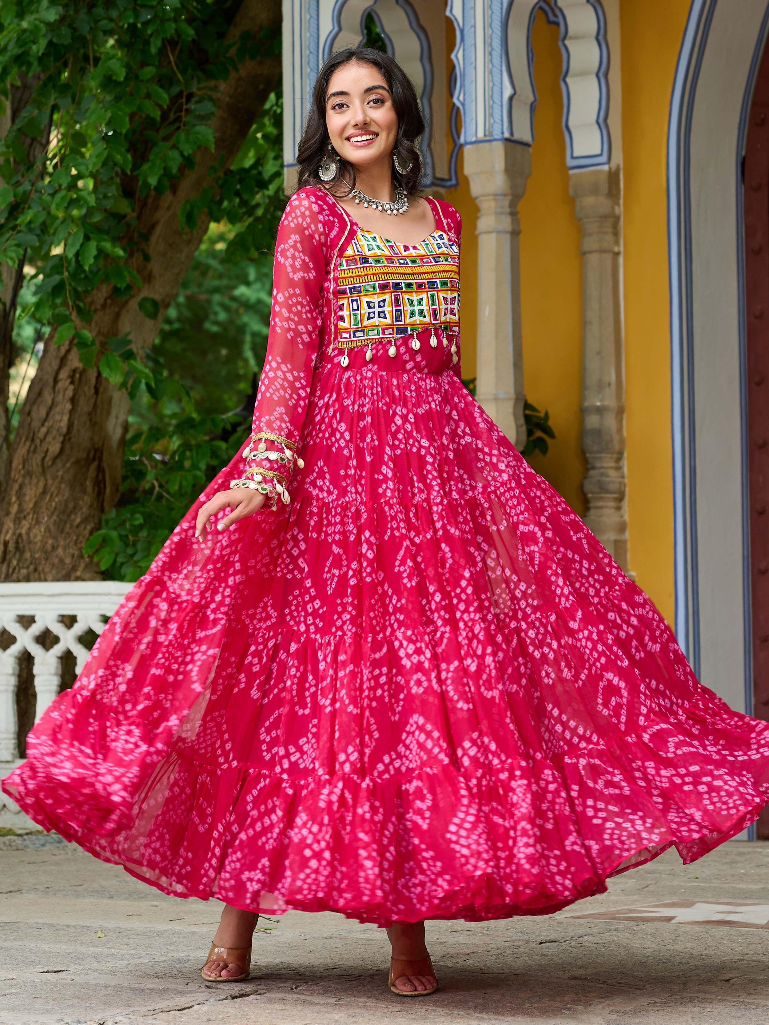 Pink faux georgette Bandhani print Kutchi patchwork Navratri gown