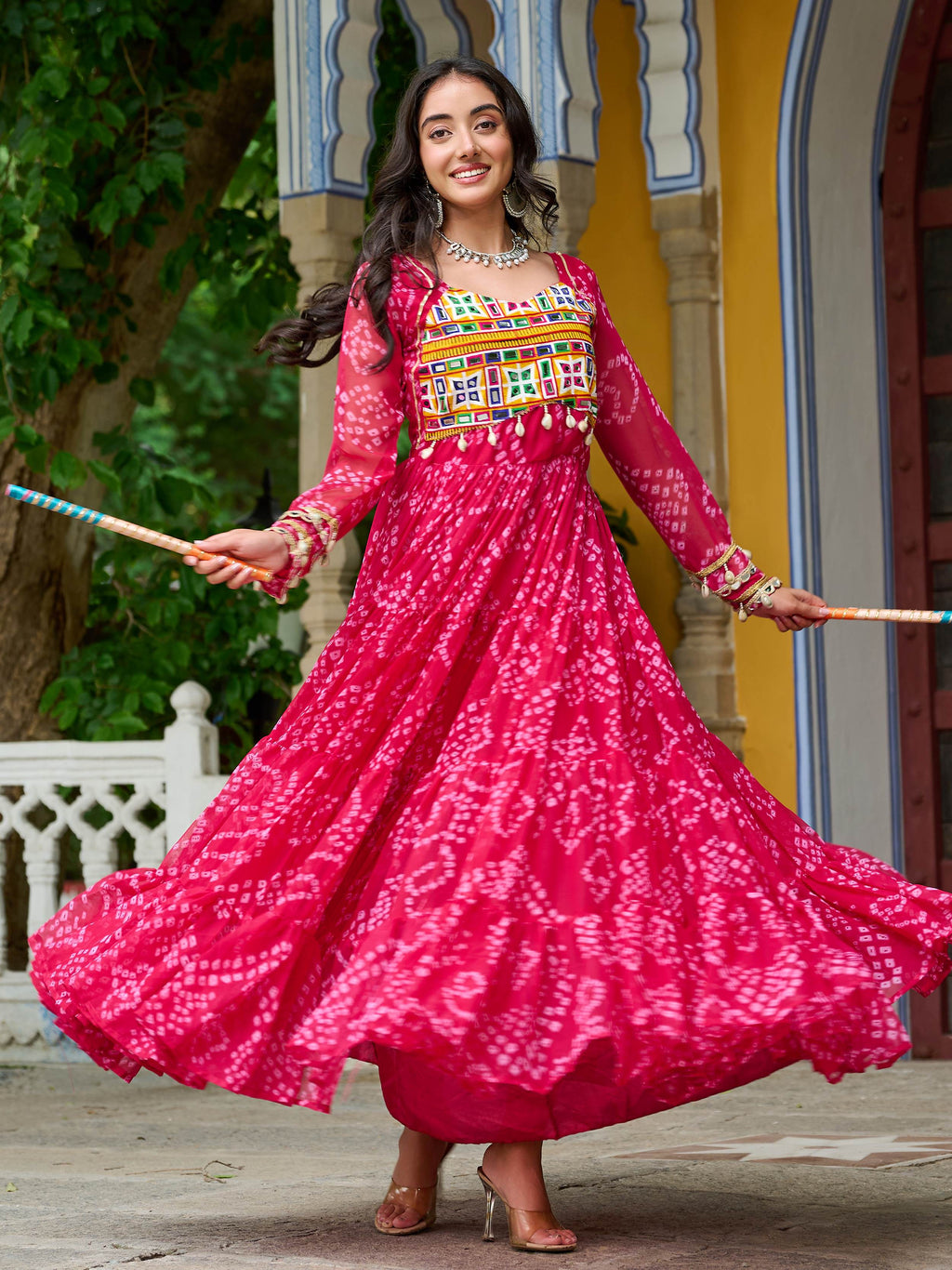 Pink faux georgette Bandhani print Kutchi patchwork Navratri gown