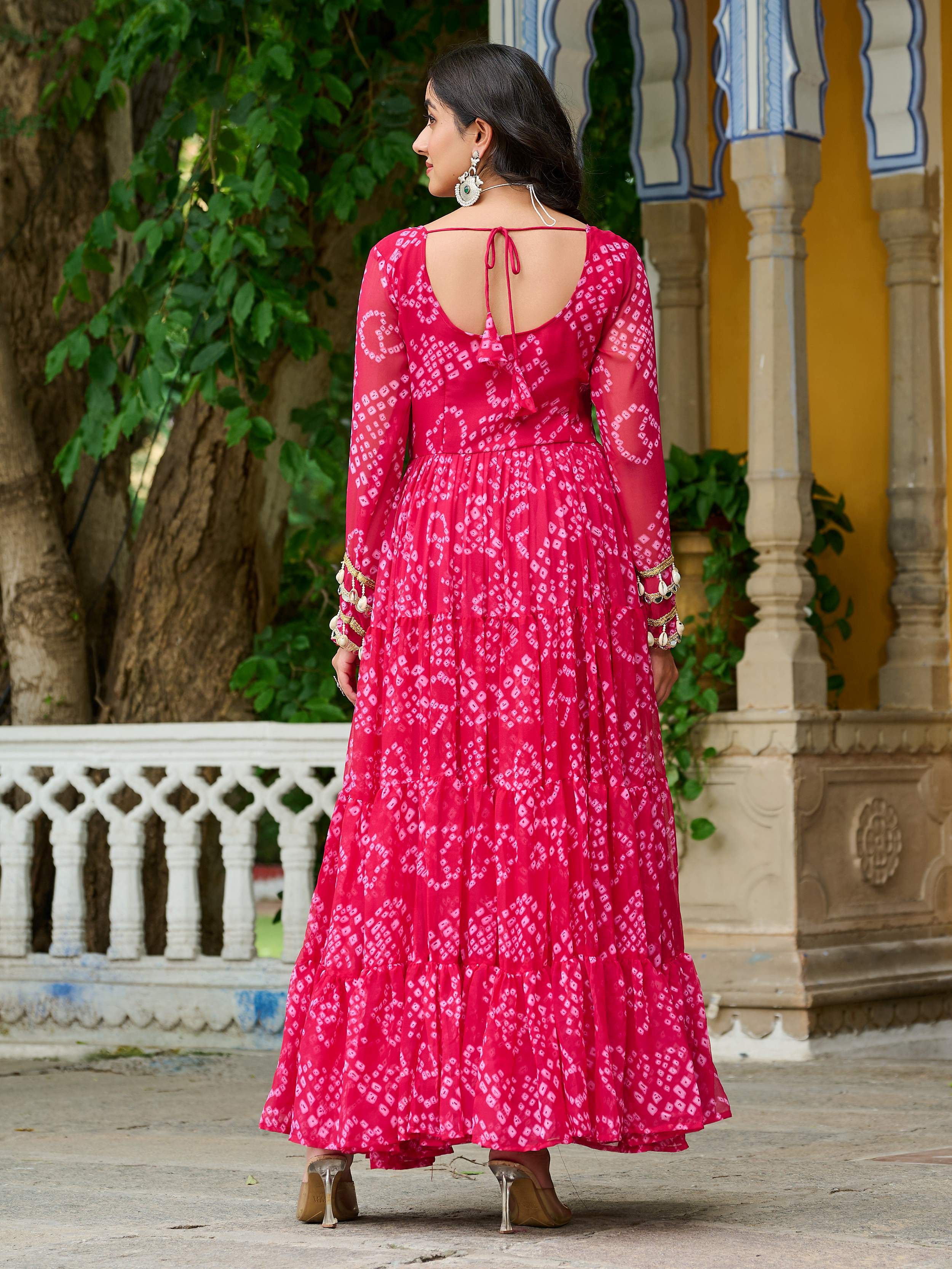Pink faux georgette Bandhani print Kutchi patchwork Navratri gown