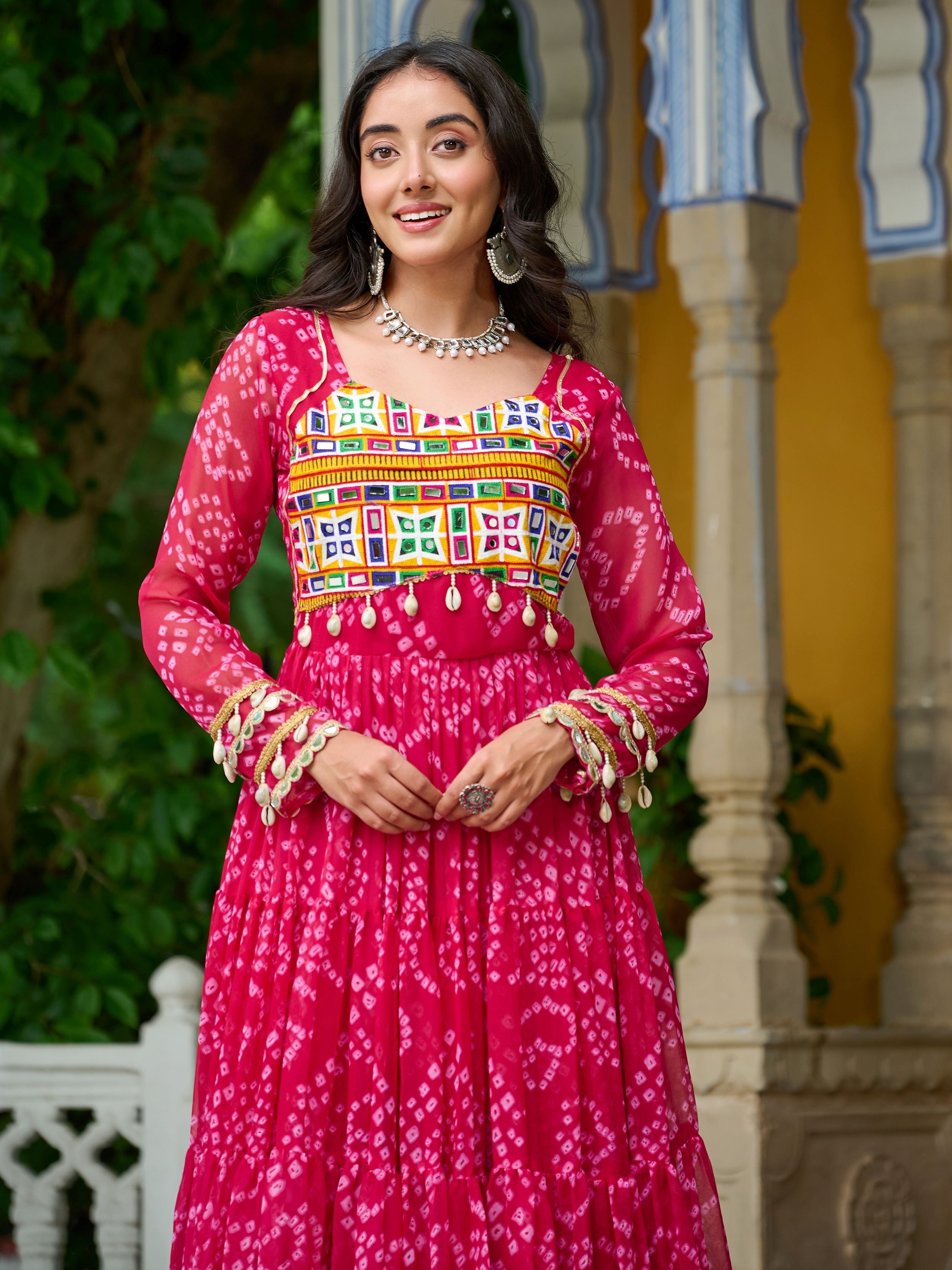 Pink faux georgette Bandhani print Kutchi patchwork Navratri gown