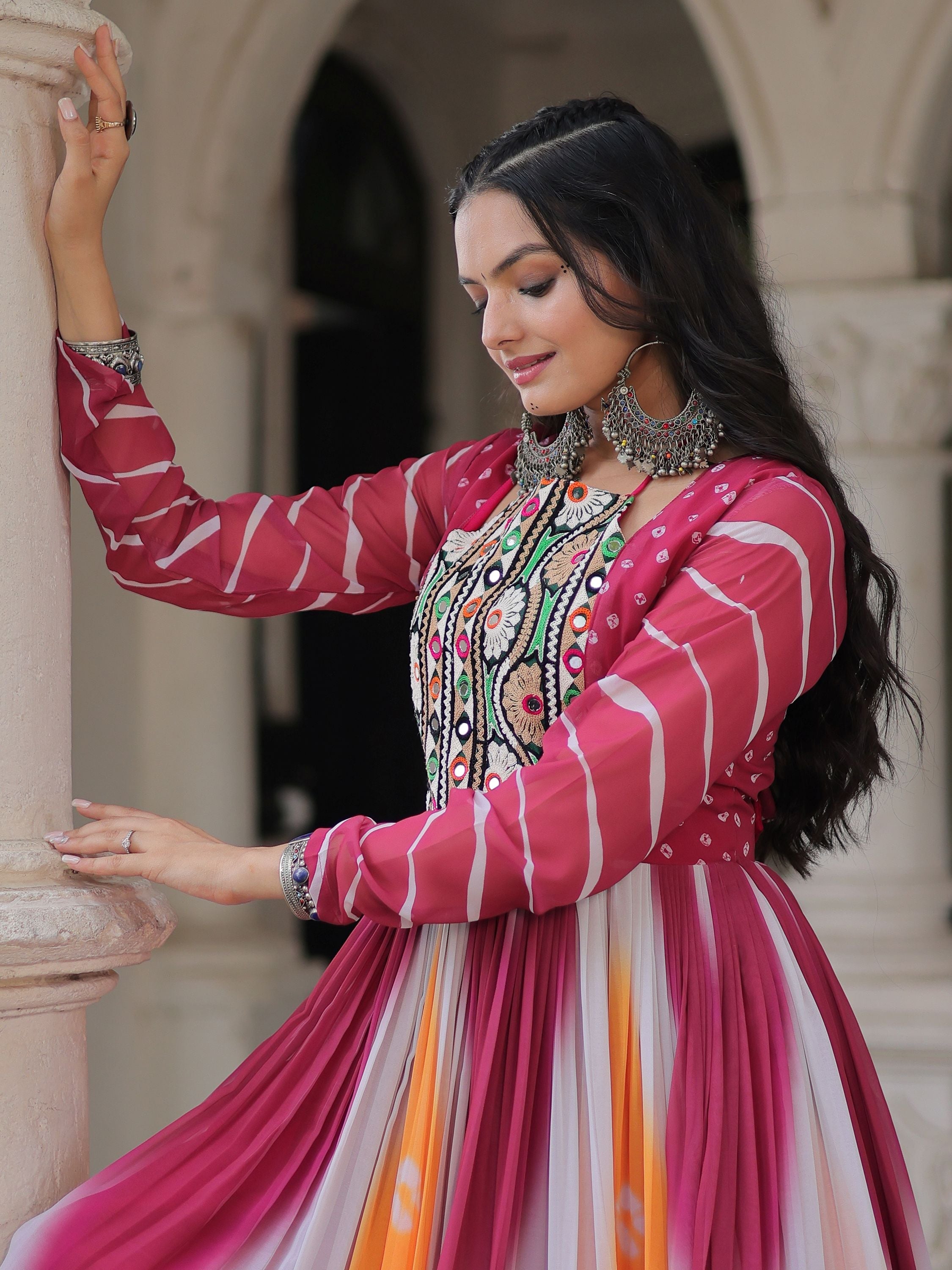 Pink georgette Bandhej print Gamthi embroidery mirror work gown