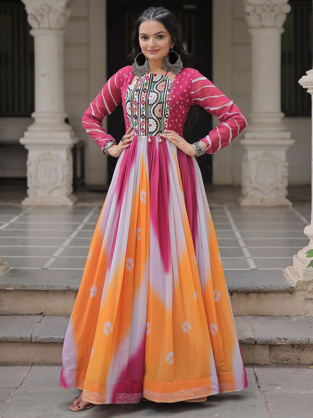 Pink georgette Bandhej print Gamthi embroidery mirror work gown