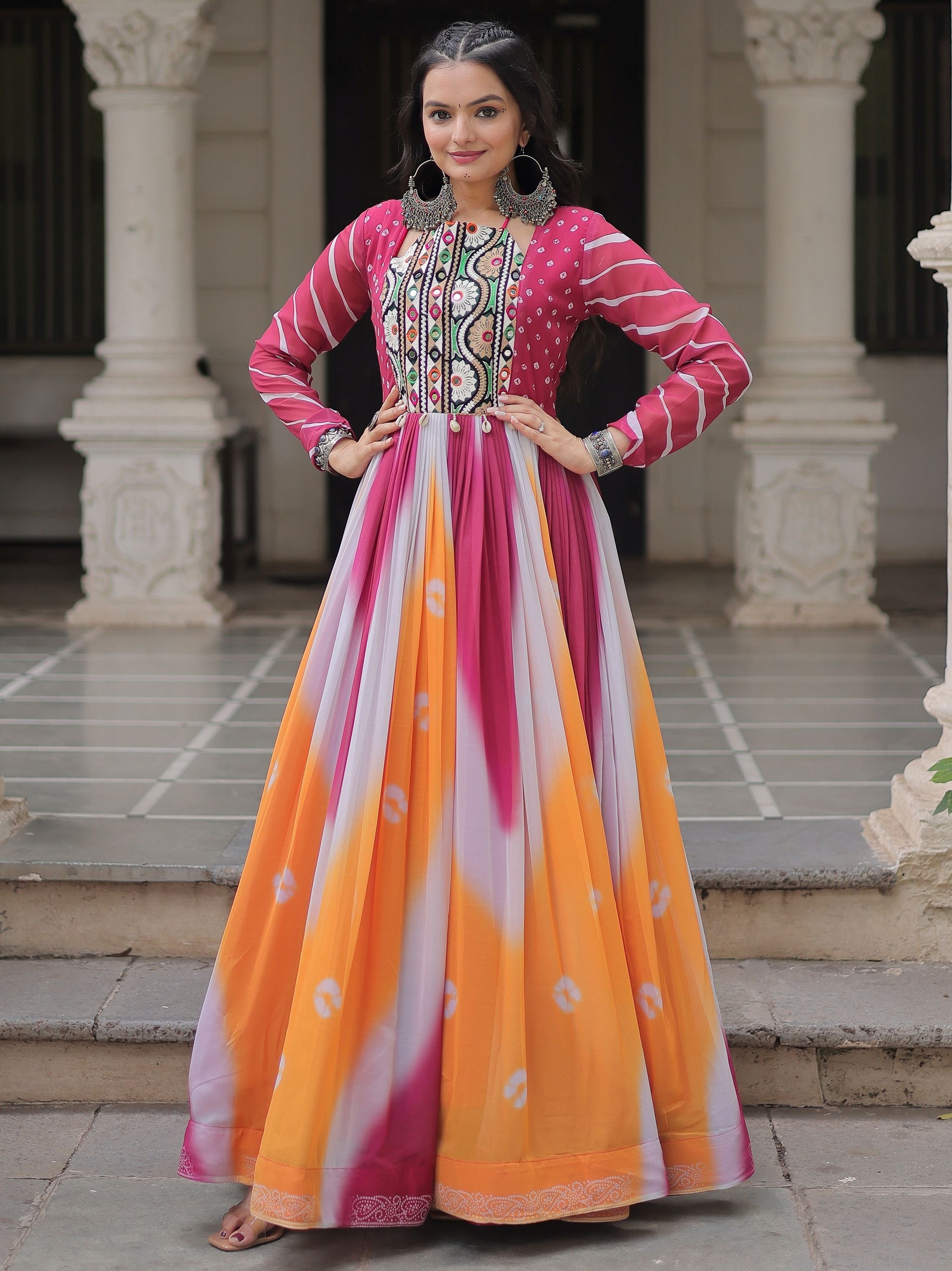 Pink georgette Bandhej print Gamthi embroidery mirror work gown