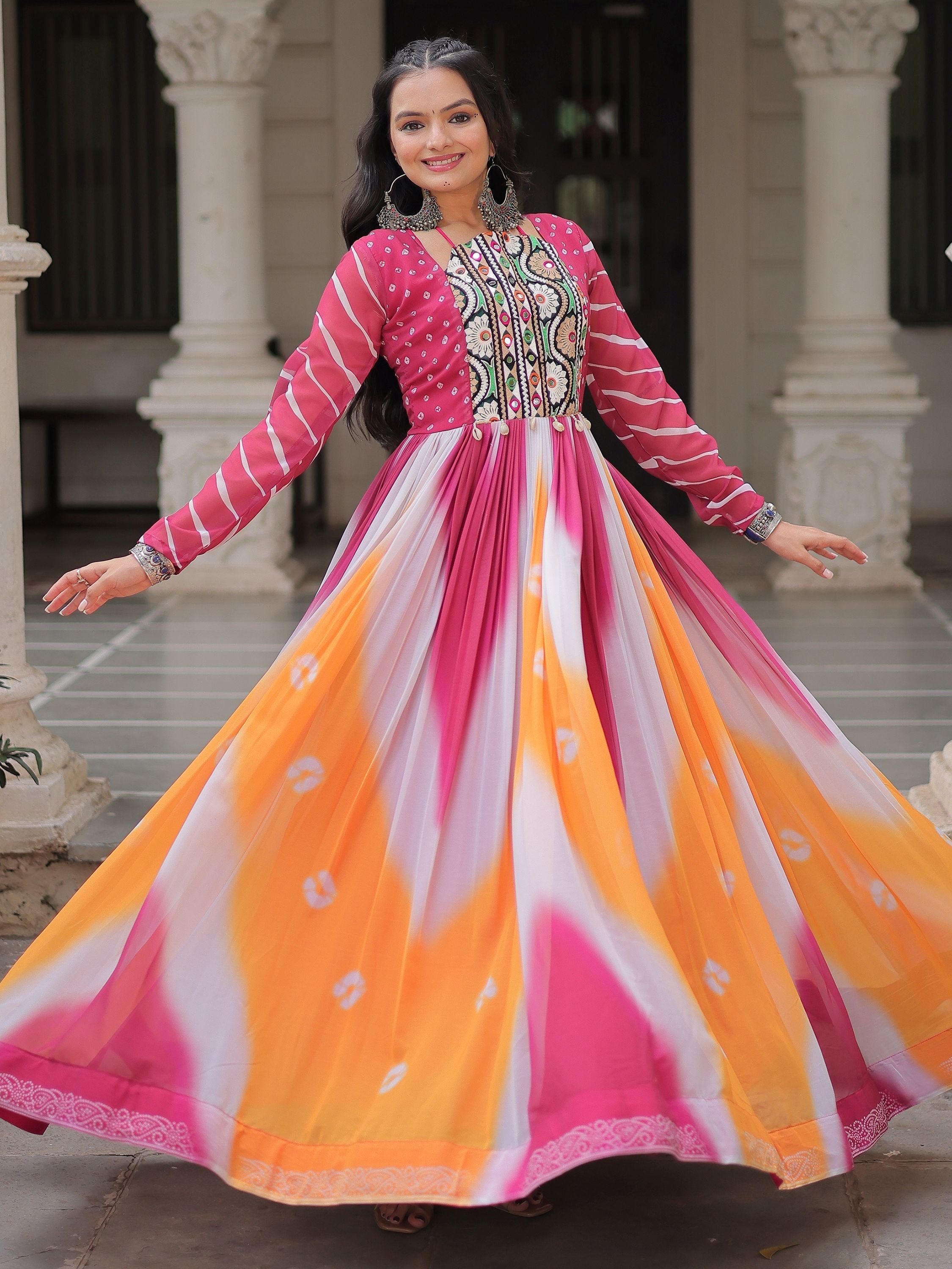 Pink georgette Bandhej print Gamthi embroidery mirror work gown