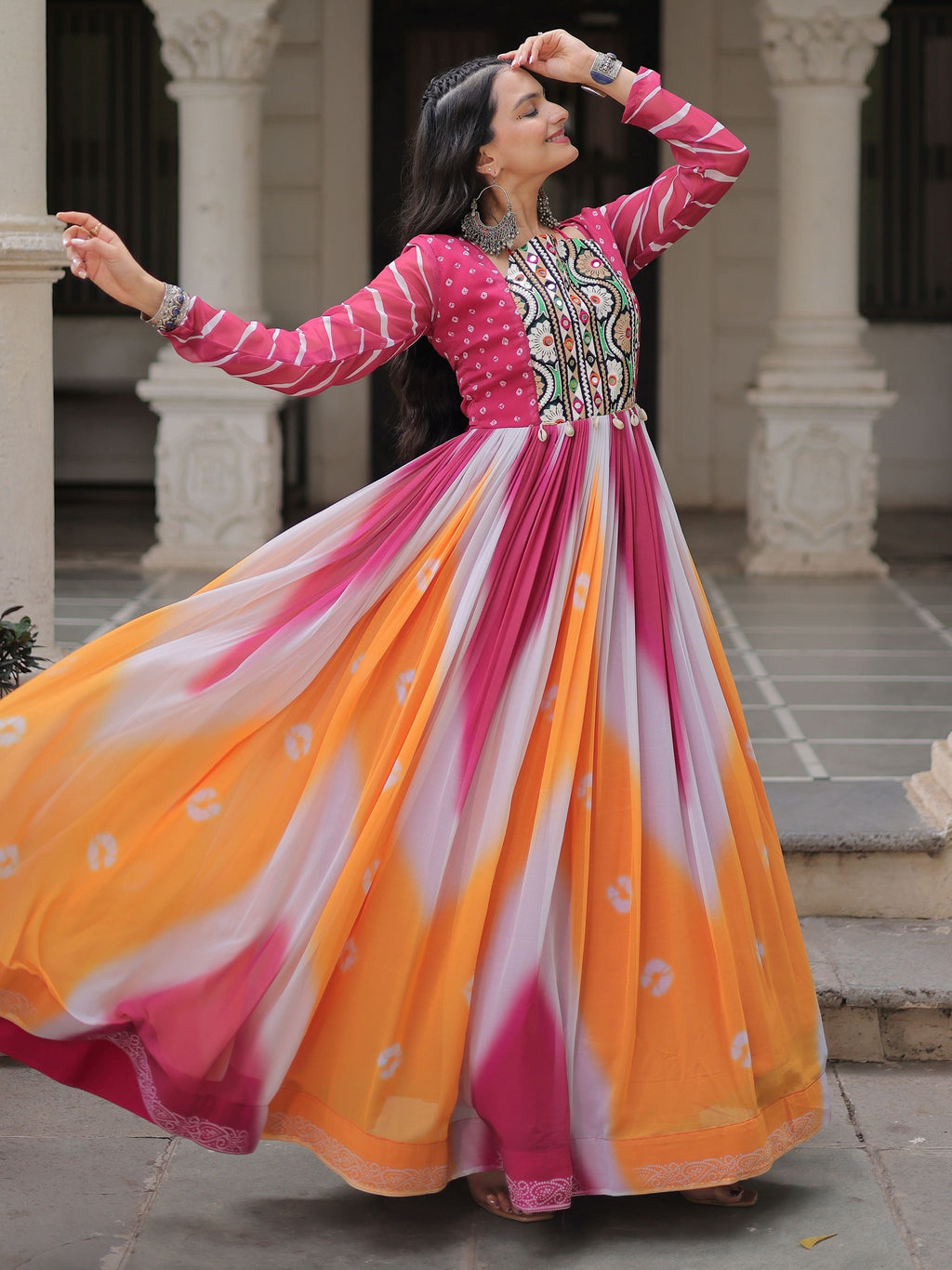 Pink georgette Bandhej print Gamthi embroidery mirror work gown