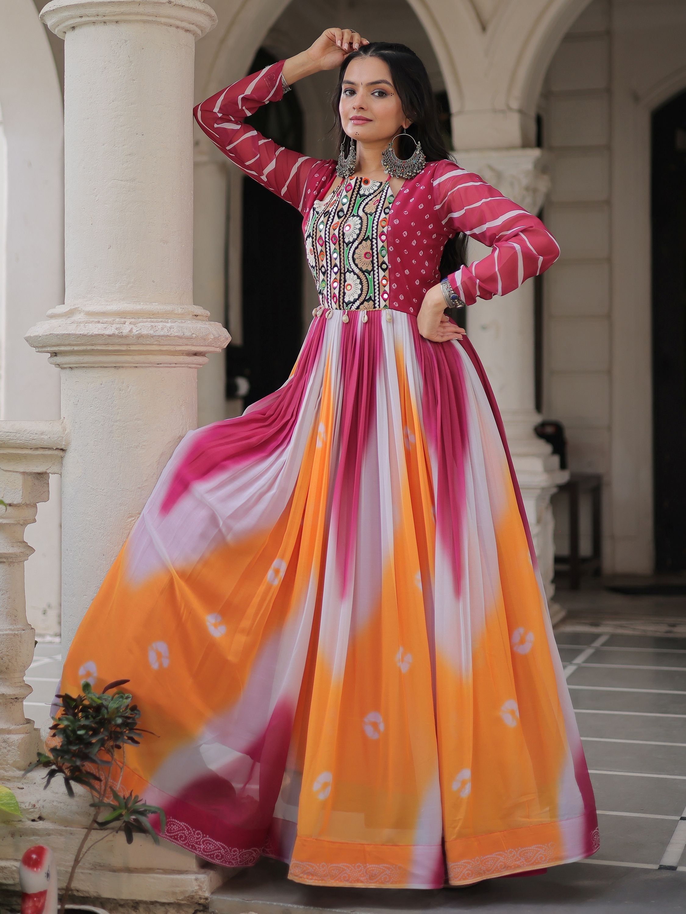 Pink georgette Bandhej print Gamthi embroidery mirror work gown