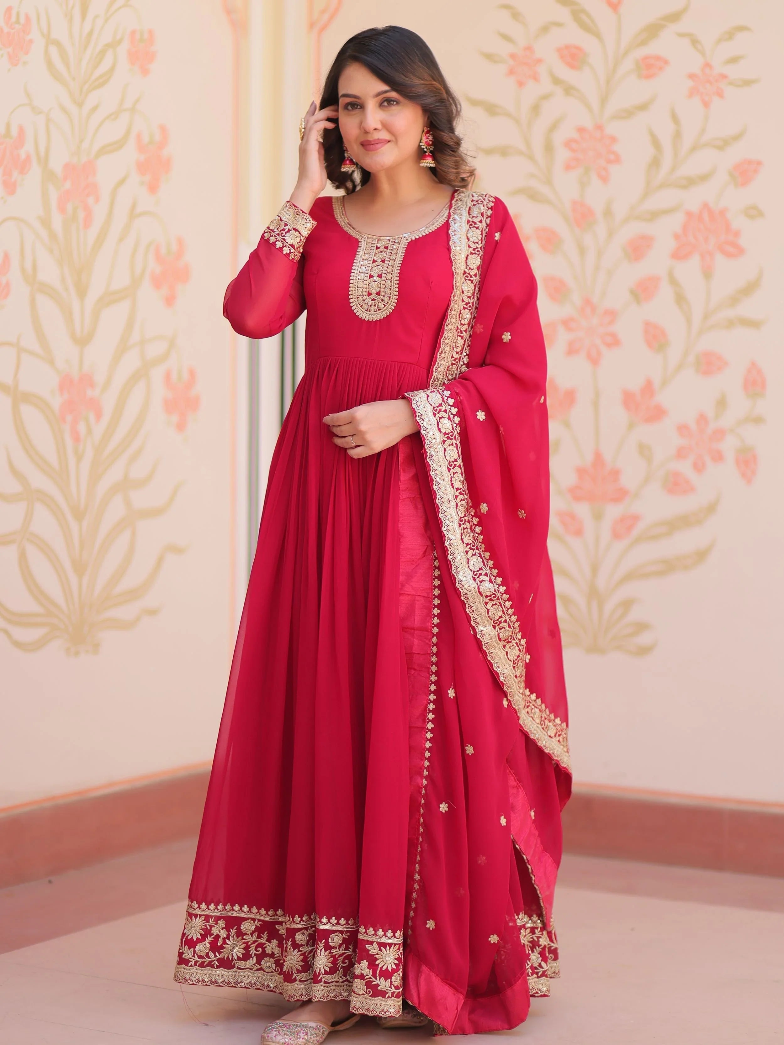 Pink georgette designer gown with zari and sequins embroidery and dupatta