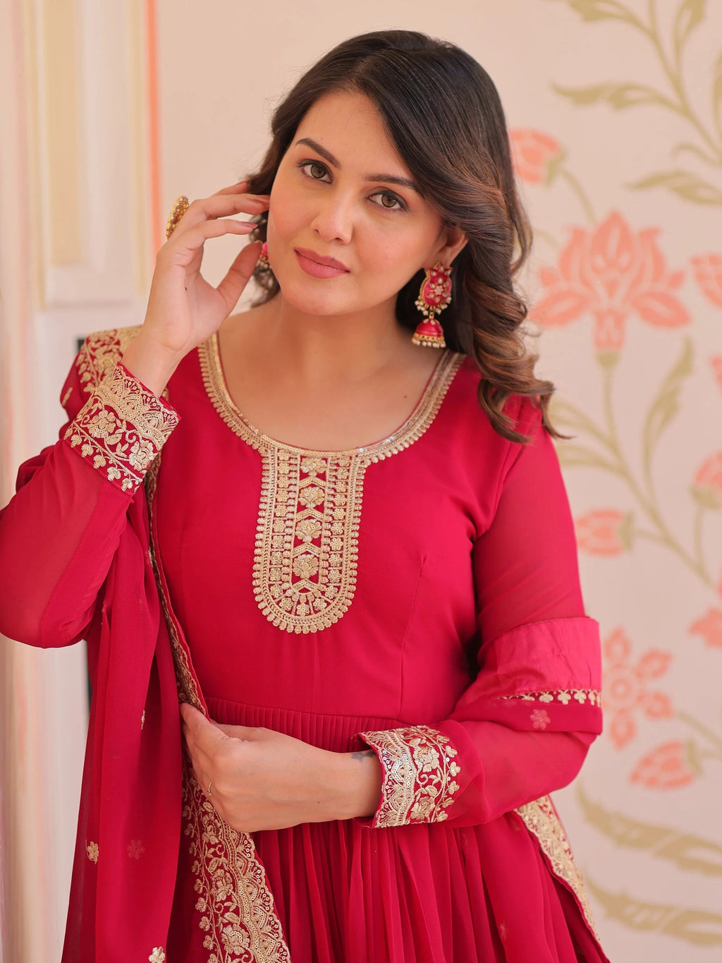 Pink georgette designer gown with zari and sequins embroidery and dupatta