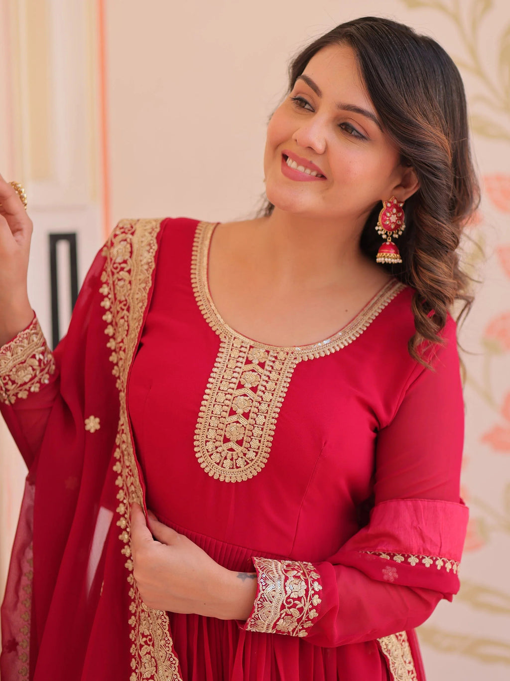 Pink georgette designer gown with zari and sequins embroidery and dupatta