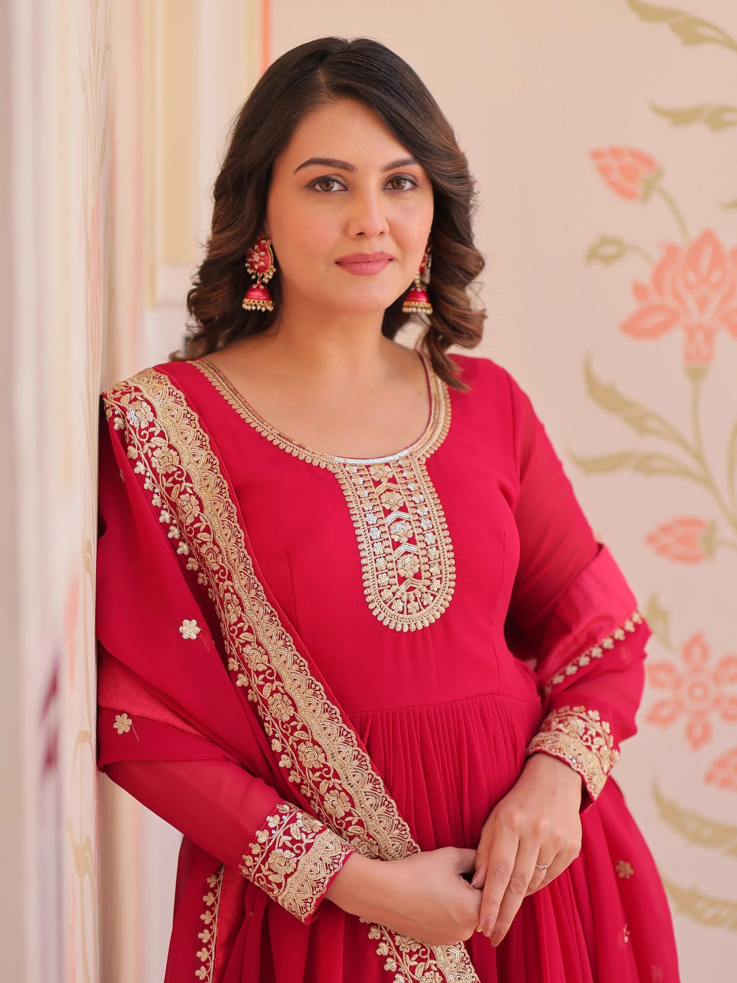 Pink georgette designer gown with zari and sequins embroidery and dupatta