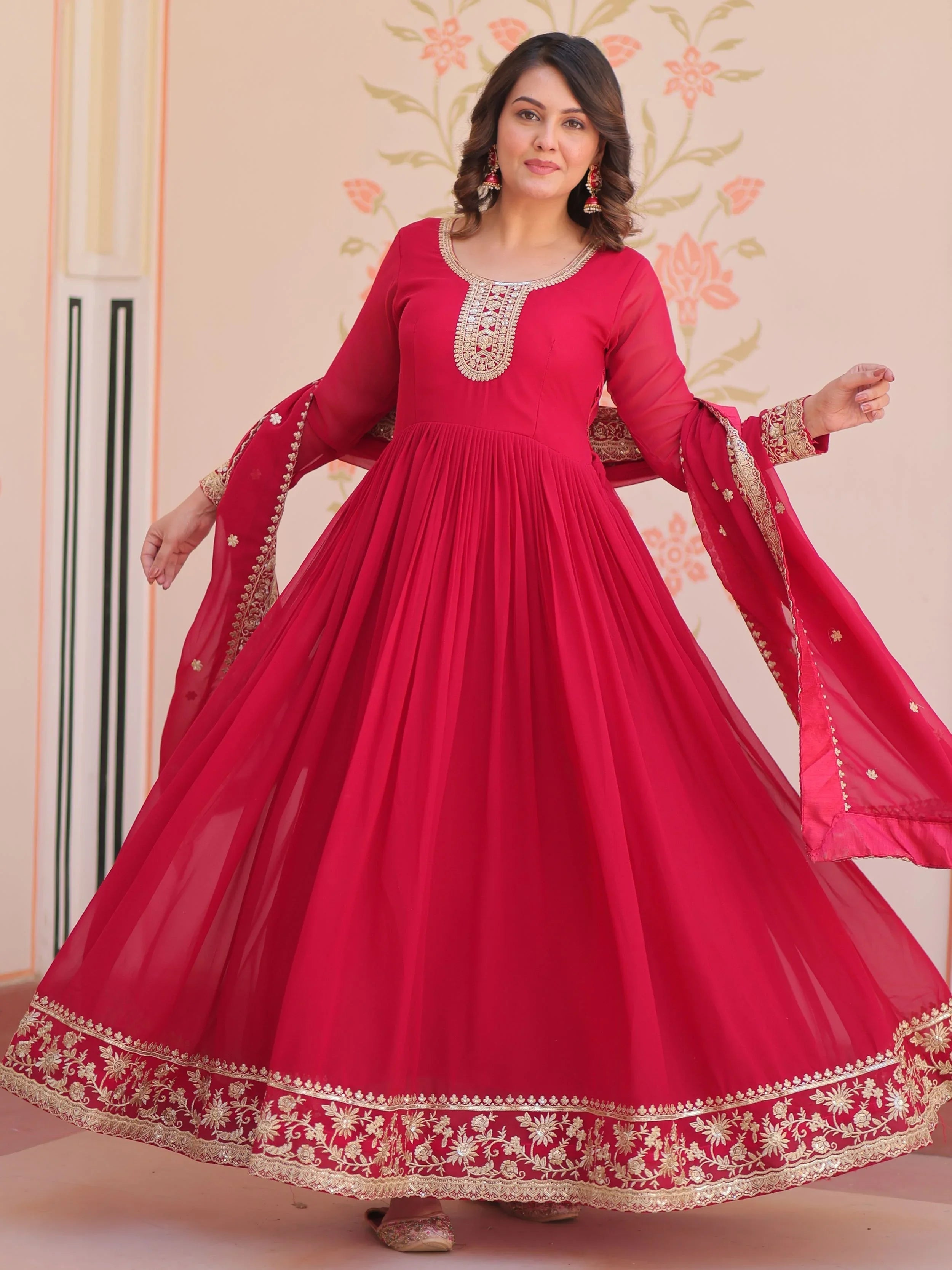 Pink georgette designer gown with zari and sequins embroidery and dupatta