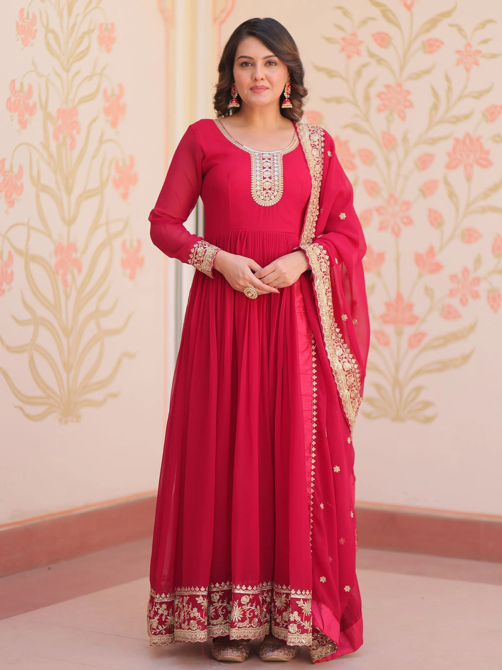Pink georgette designer gown with zari and sequins embroidery and dupatta
