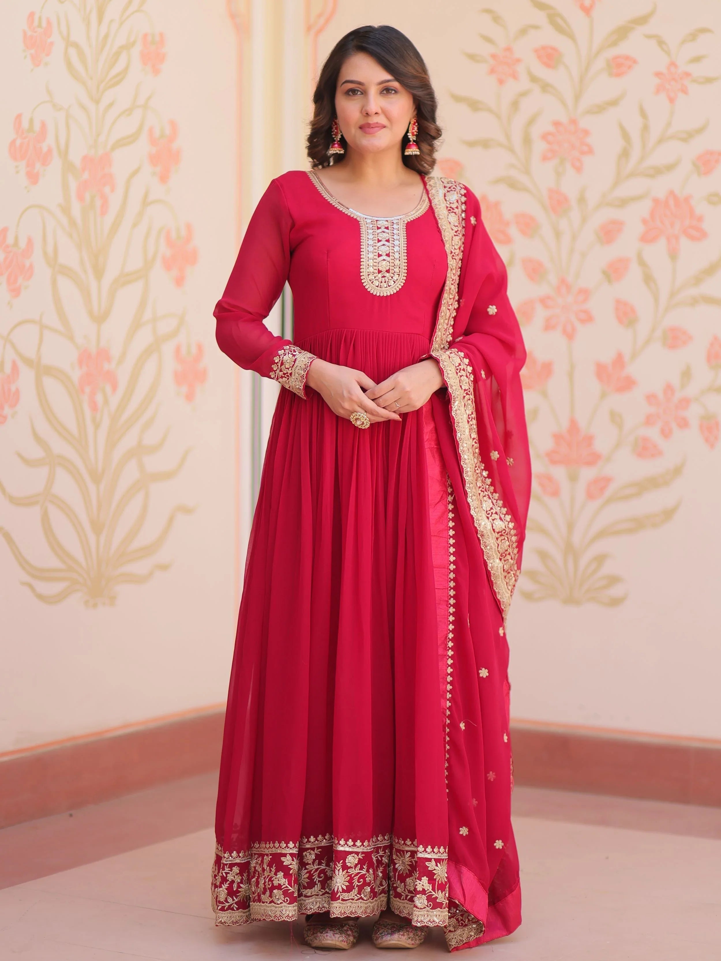 Pink georgette designer gown with zari and sequins embroidery and dupatta