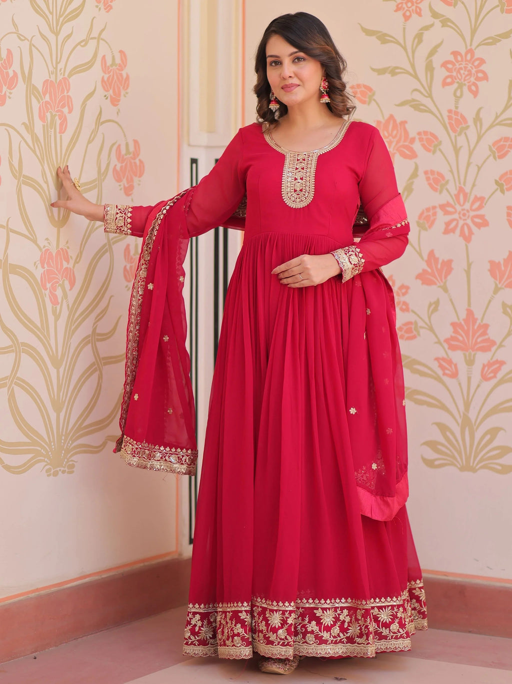 Pink georgette designer gown with zari and sequins embroidery and dupatta