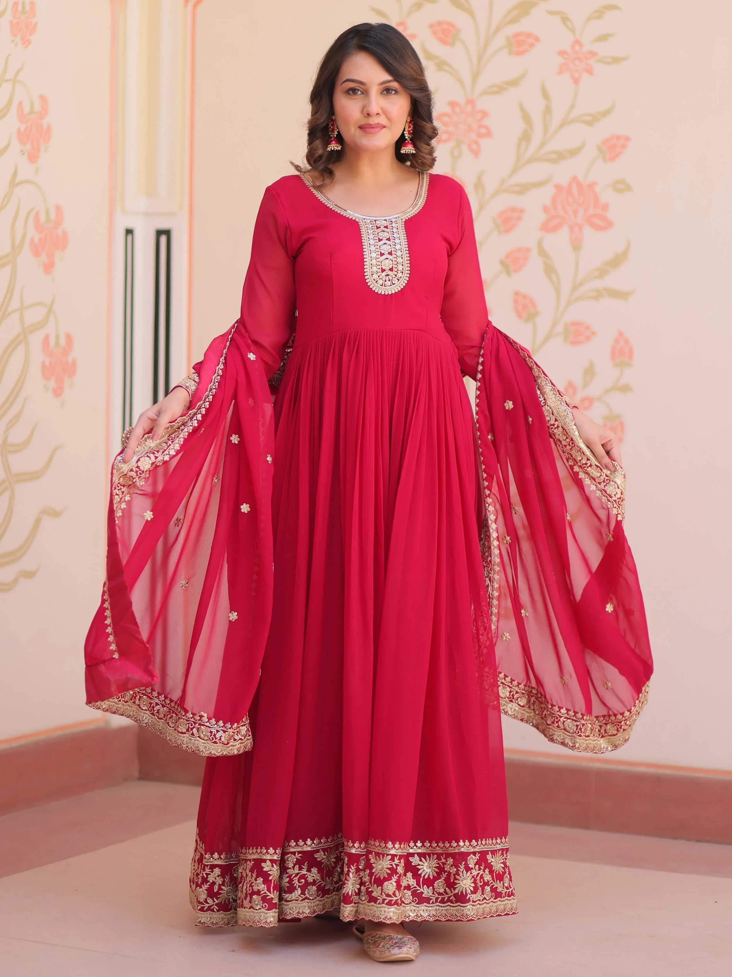 Pink georgette designer gown with zari and sequins embroidery and dupatta