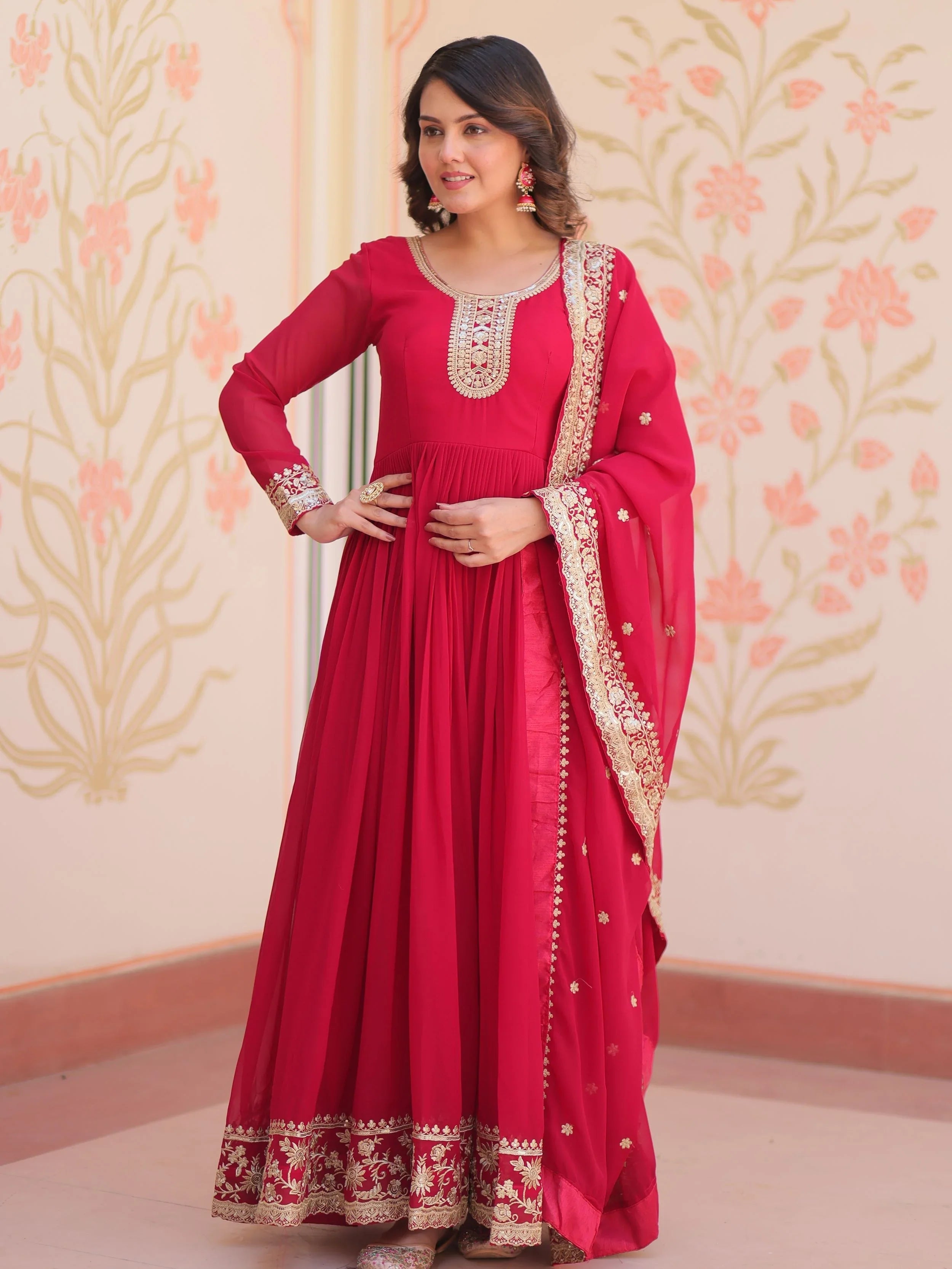 Pink georgette designer gown with zari and sequins embroidery and dupatta