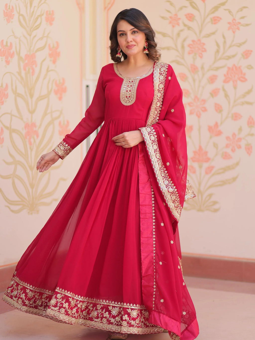 Pink georgette designer gown with zari and sequins embroidery and dupatta