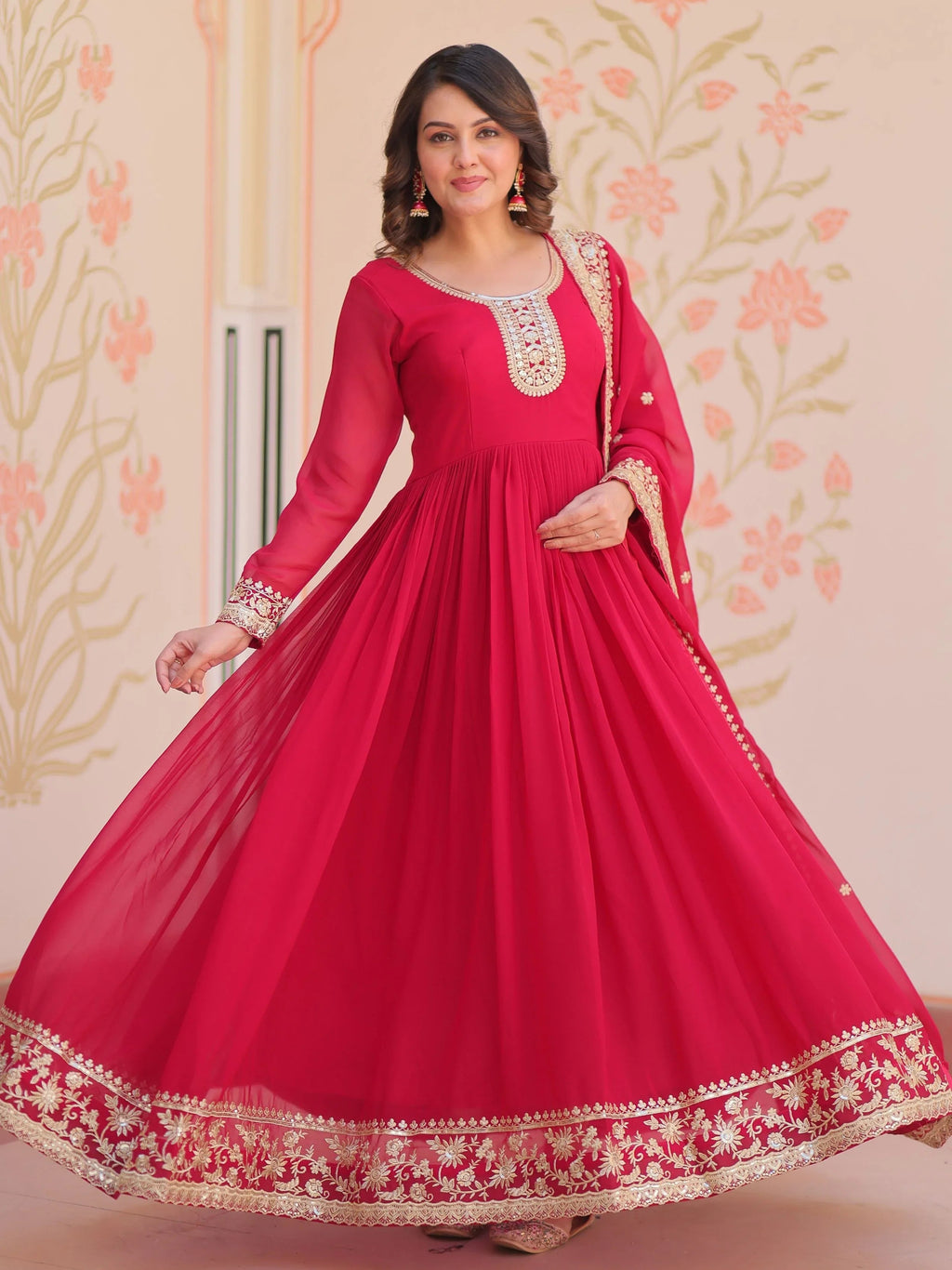 Pink georgette designer gown with zari and sequins embroidery and dupatta