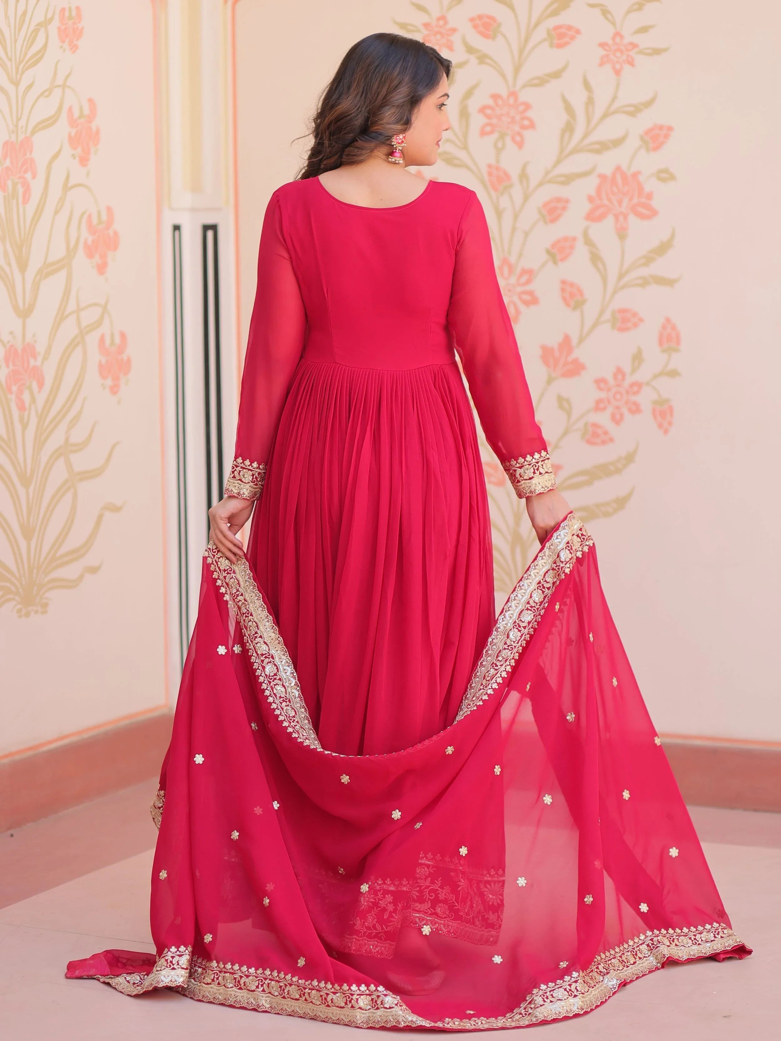 Pink georgette designer gown with zari and sequins embroidery and dupatta